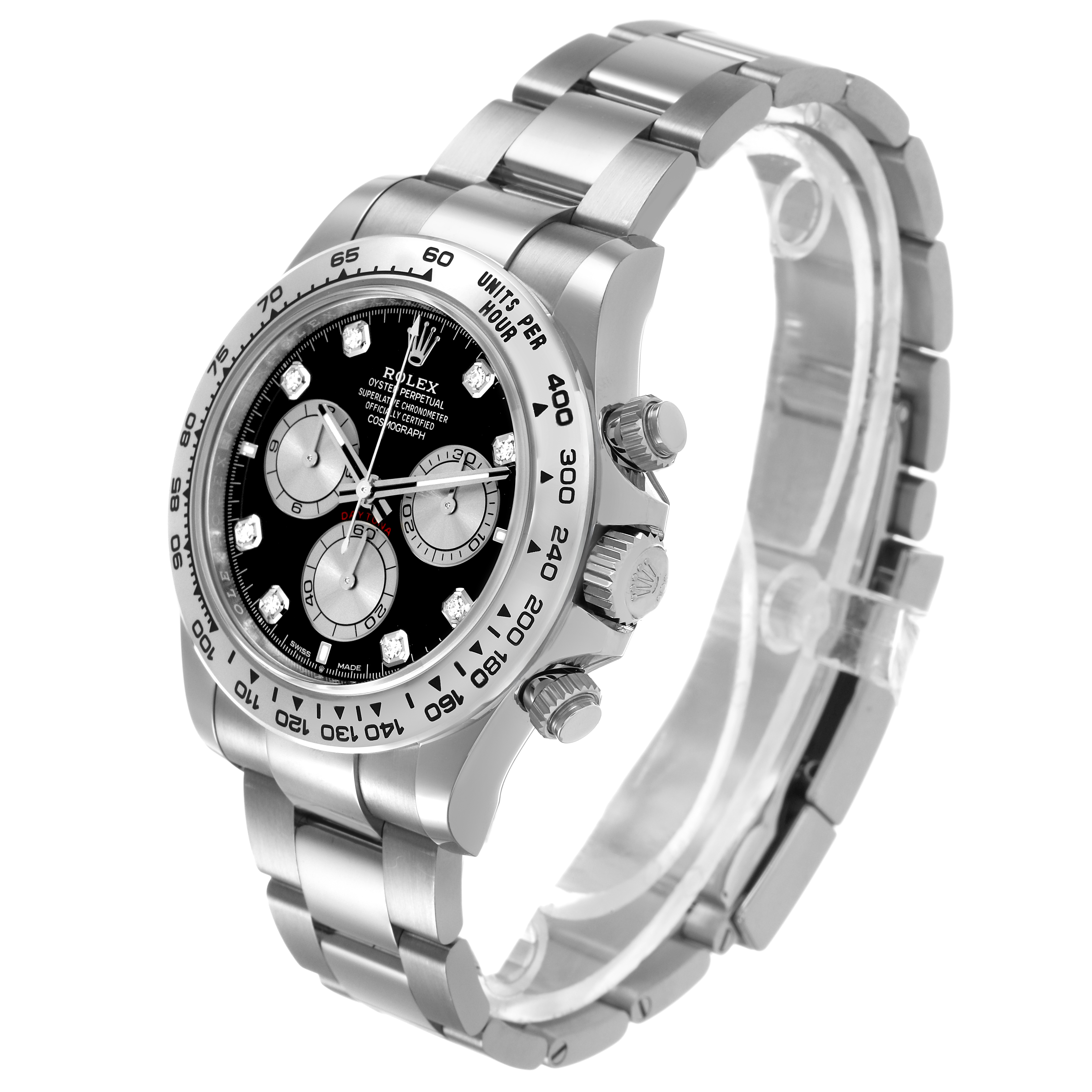 The Rolex Daytona 126509 Men's White Gold Black Dial watch is shown at a three-quarter angle, displaying the face, bezel, and bracelet prominently.