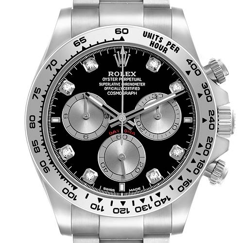 The image shows a front view of a Rolex Daytona 126509 Men's White Gold Black Dial watch, highlighting the dial, bezel, and subdials.