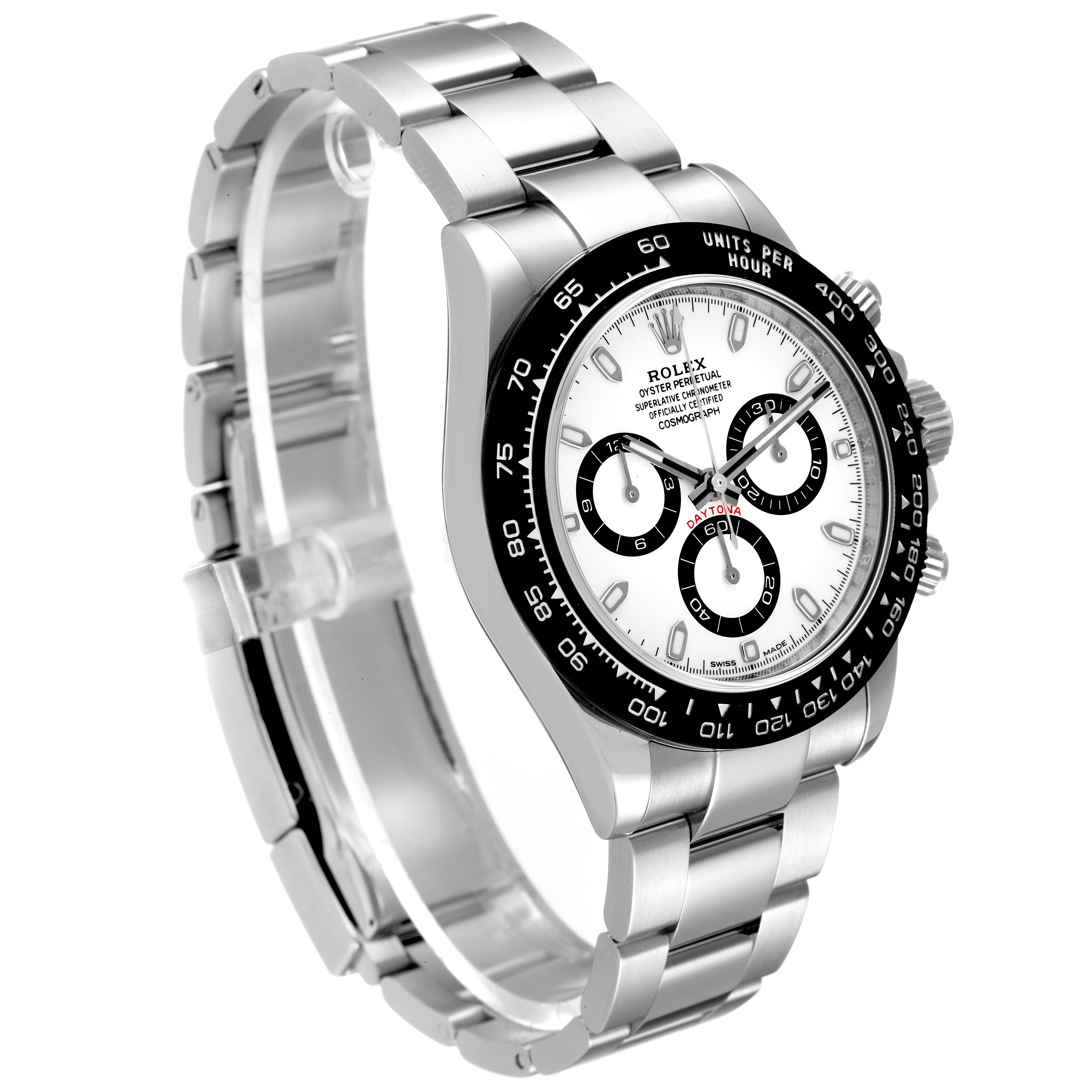 The image shows a side angle of a Rolex Daytona 116500 Men's Stainless Steel White Dial 116500 Men's Stainless Steel White Dial watch, highlighting the bracelet, bezel, and white dial with sub-dials.