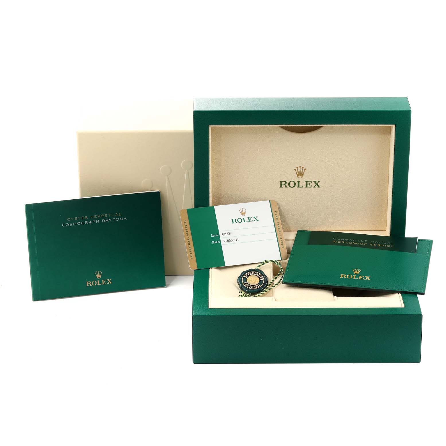 The image shows the packaging, warranty cards, booklet, and accessories for a Rolex Daytona 116500 Men's Stainless Steel White Dial 116500 Men's Stainless Steel White Dial watch.