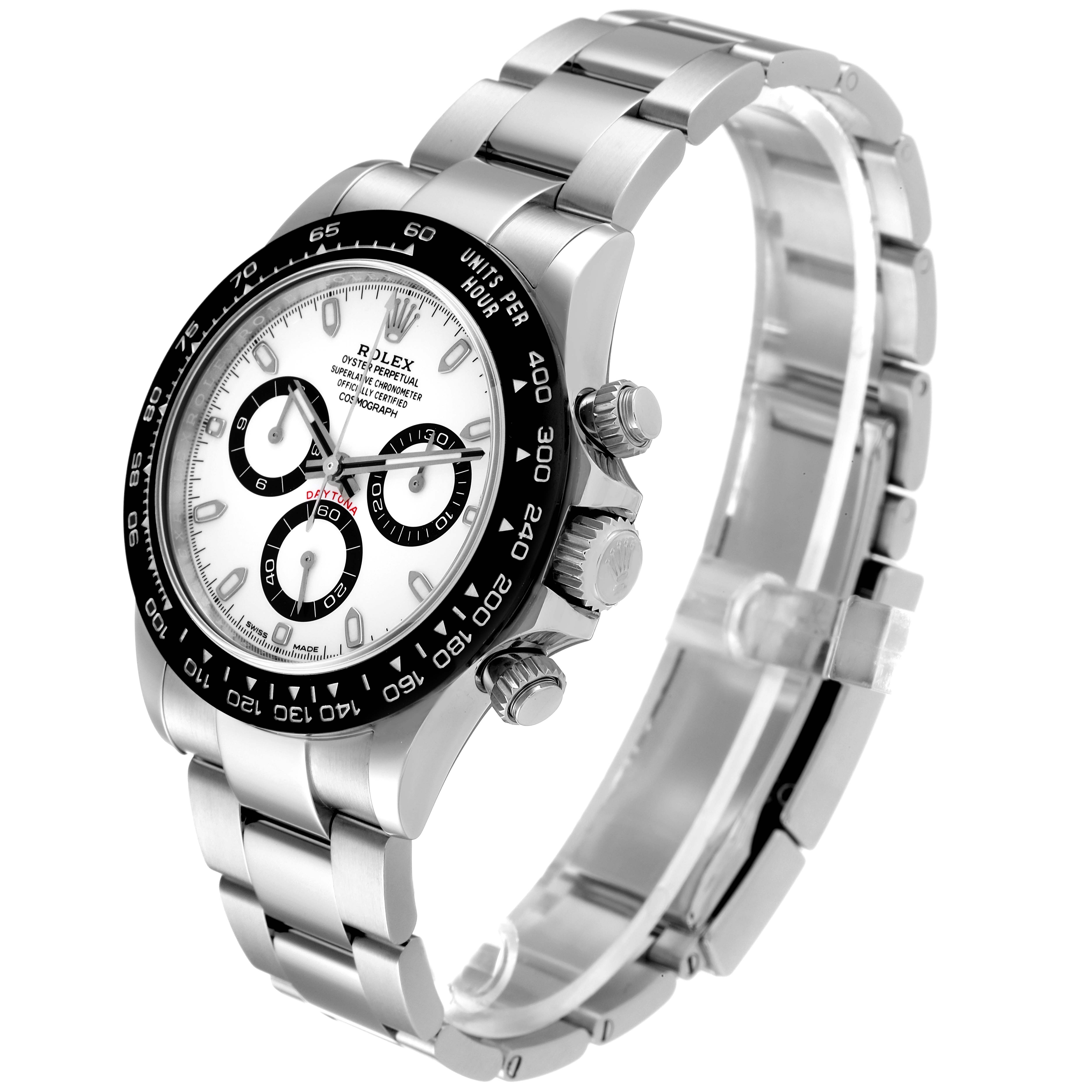 The image shows a Rolex Daytona 116500 Men's Stainless Steel White Dial 116500 Men's Stainless Steel White Dial watch angled from the front-right, highlighting the face, bezel, crown, and stainless steel bracelet.