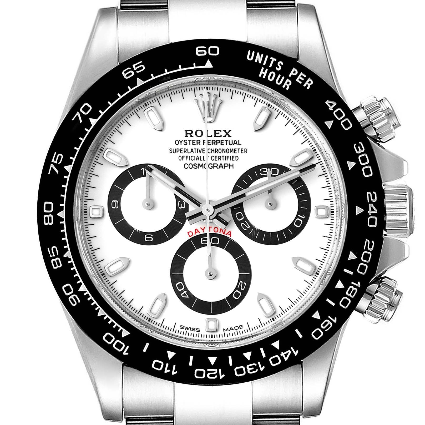 The image shows a close-up of the Rolex Daytona 116500 Men's Stainless Steel White Dial 116500 Men's Stainless Steel White Dial watch face, focusing on the dial, bezel, and chronograph sub-dials.