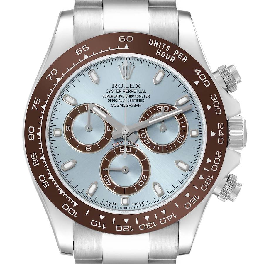 The Rolex Daytona is shown from the front, displaying the dial, bezel, and part of the bracelet.