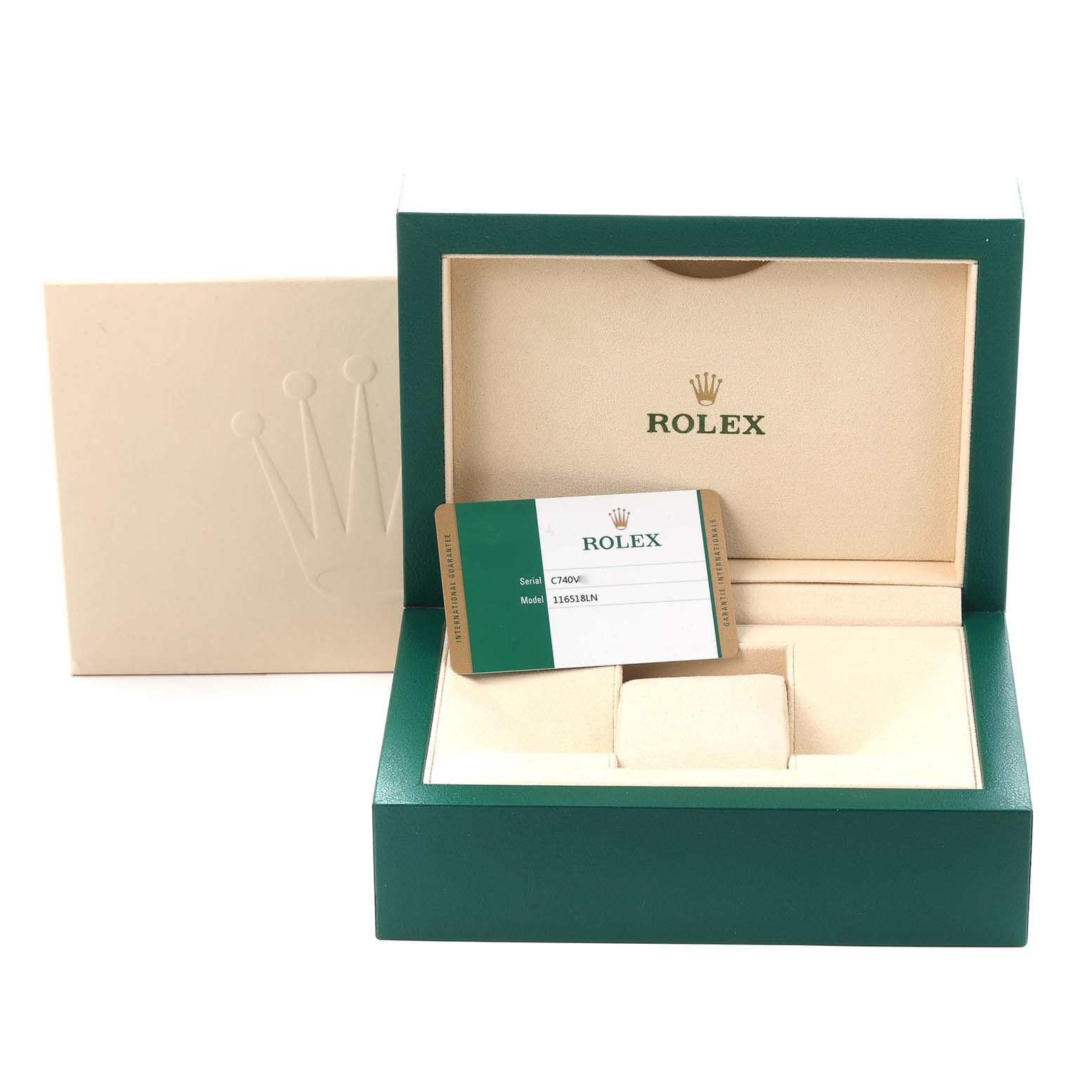 The image shows the Rolex Daytona 116518 Men
s Yellow Gold Champagne Dial 116518 Men
s Yellow Gold Champagne Dial packaging, including a green box, a beige inner lining, and a card with model details.
