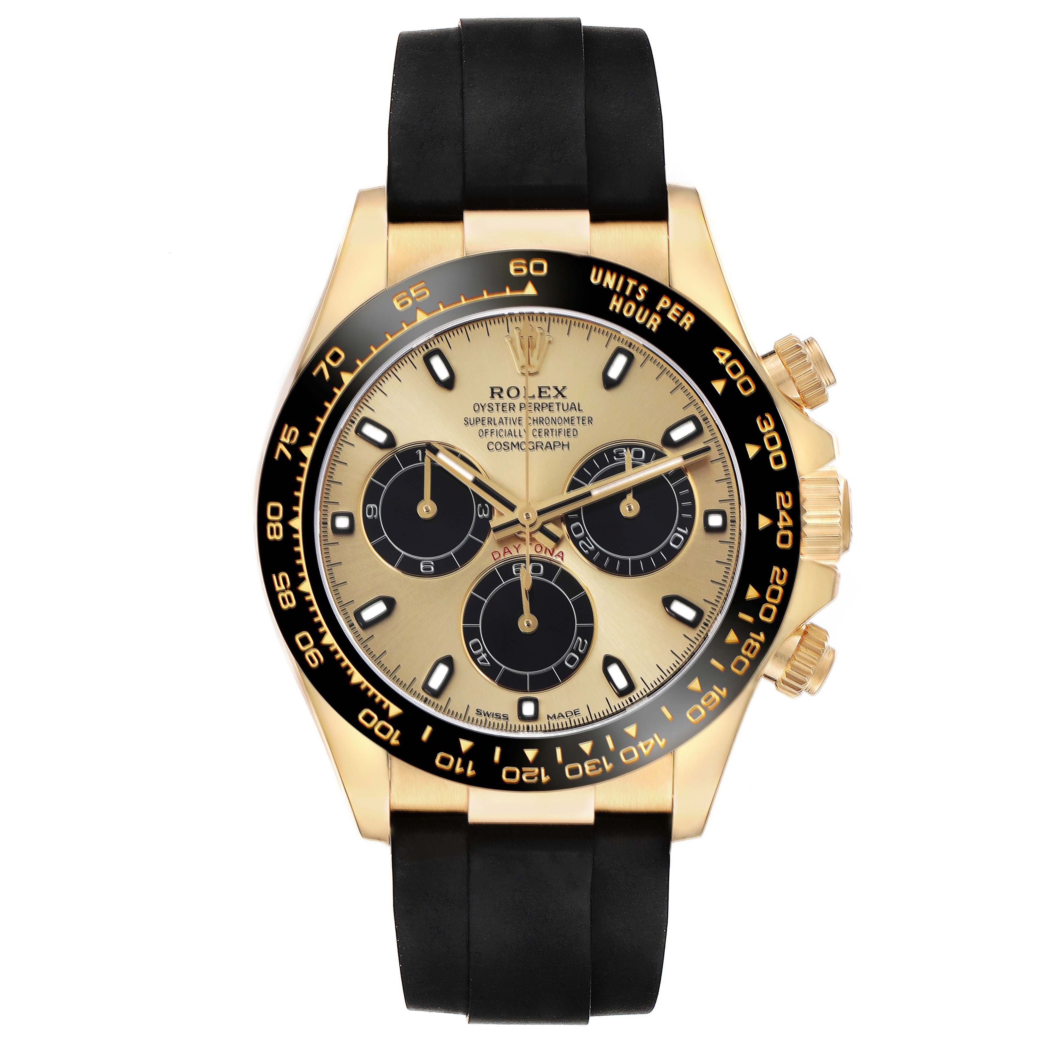 The Rolex Daytona 116518 Men
s Yellow Gold Champagne Dial 116518 Men
s Yellow Gold Champagne Dial watch is shown from the front, displaying the dial, bezel, sub-dials, and black strap.