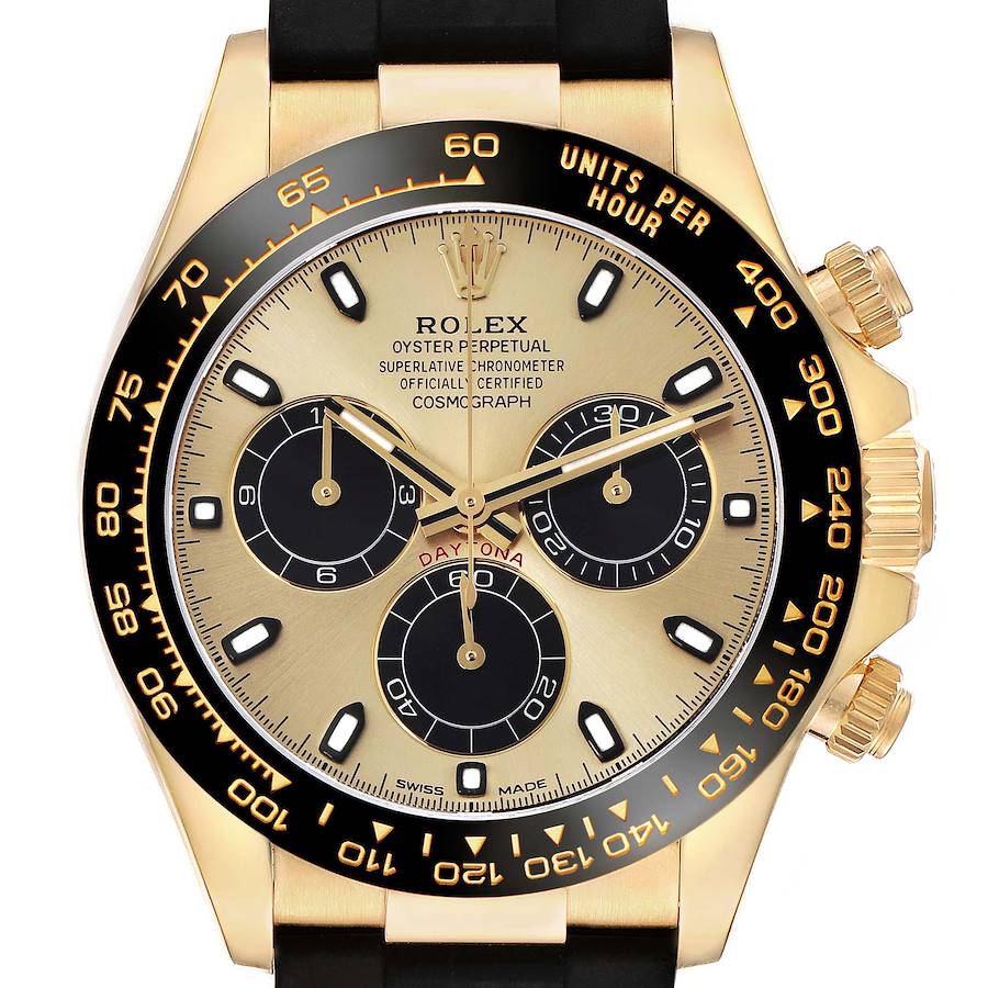The Rolex Daytona 116518 Men's Yellow Gold Champagne Dial 116518 Men's Yellow Gold Champagne Dial watch is shown from a front angle, highlighting the dial, bezel, and pushers.