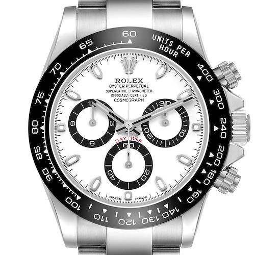 The Rolex Daytona 116500LN Men's Stainless Steel White Dial watch is shown from the front, displaying the bezel, dial, subdials, and crown.