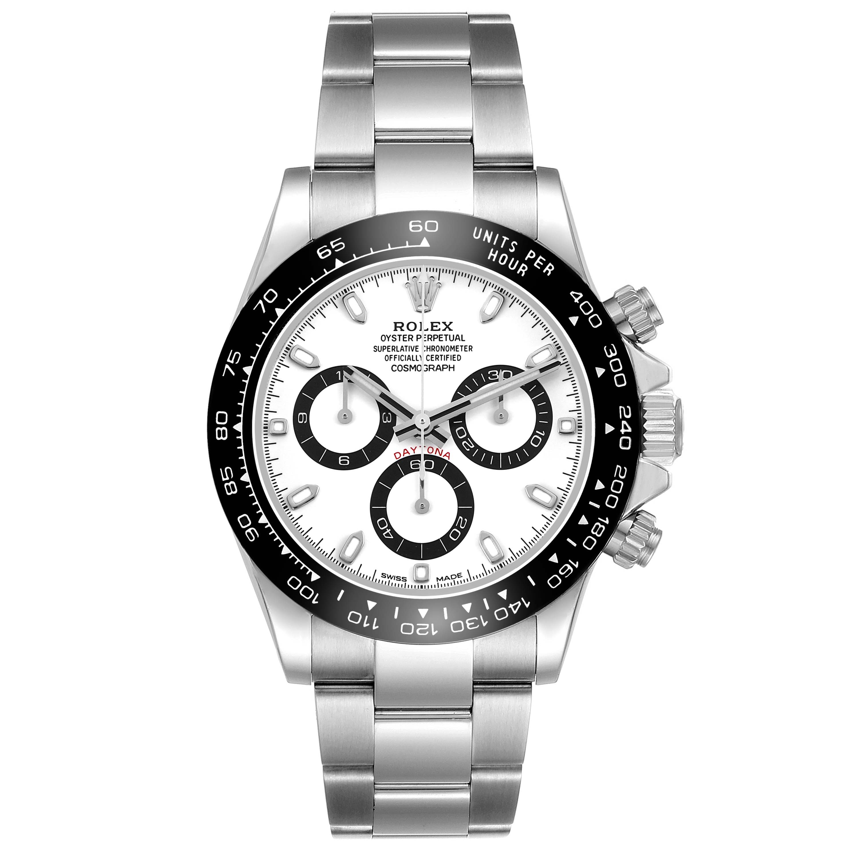 The Rolex Daytona 116500LN Men's Stainless Steel White Dial watch is shown from a front view, highlighting the bezel, dial, subdials, and bracelet.