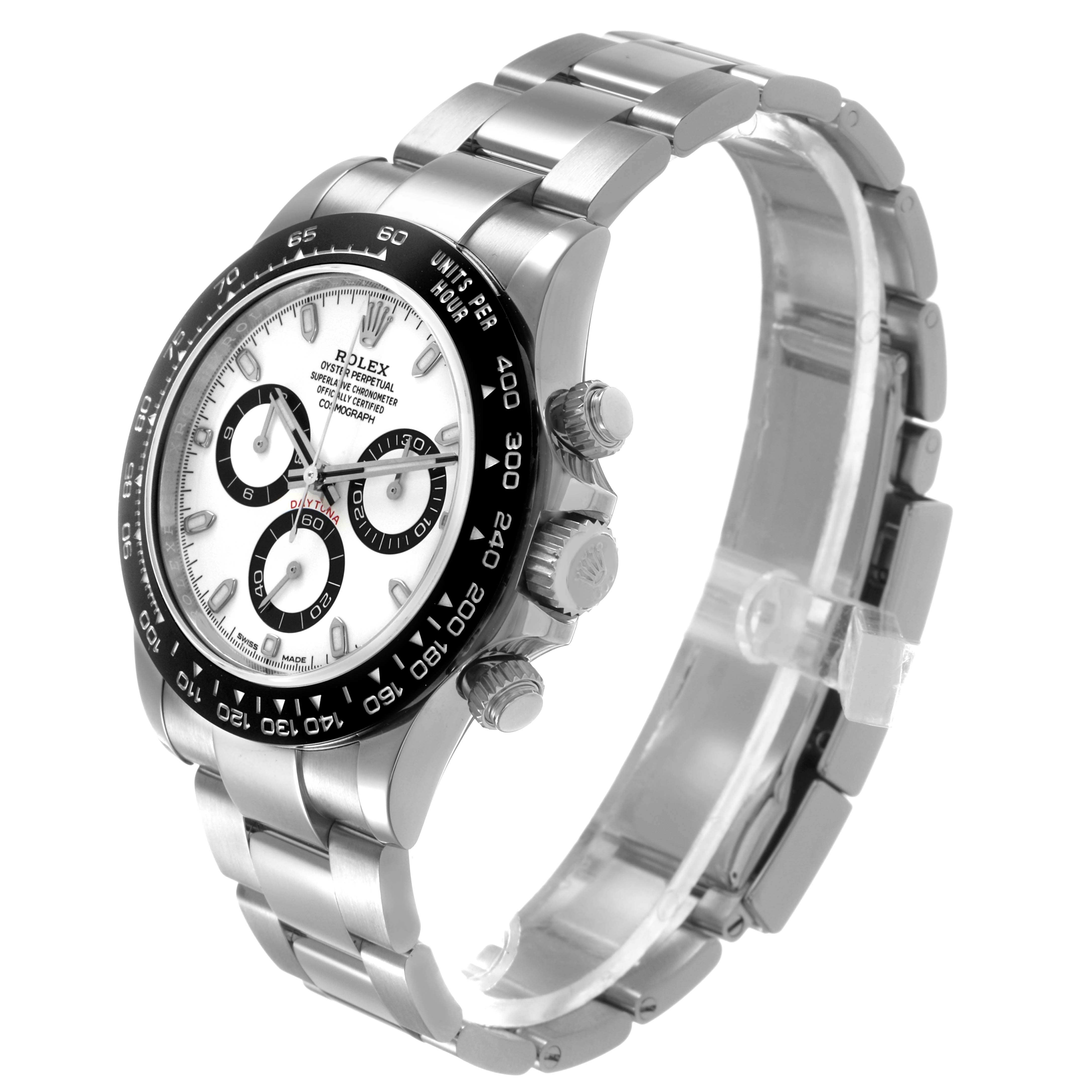 The Rolex Daytona 116500LN Men's Stainless Steel White Dial watch is shown at a three-quarter angle, displaying the bezel, dial, pushers, and bracelet.