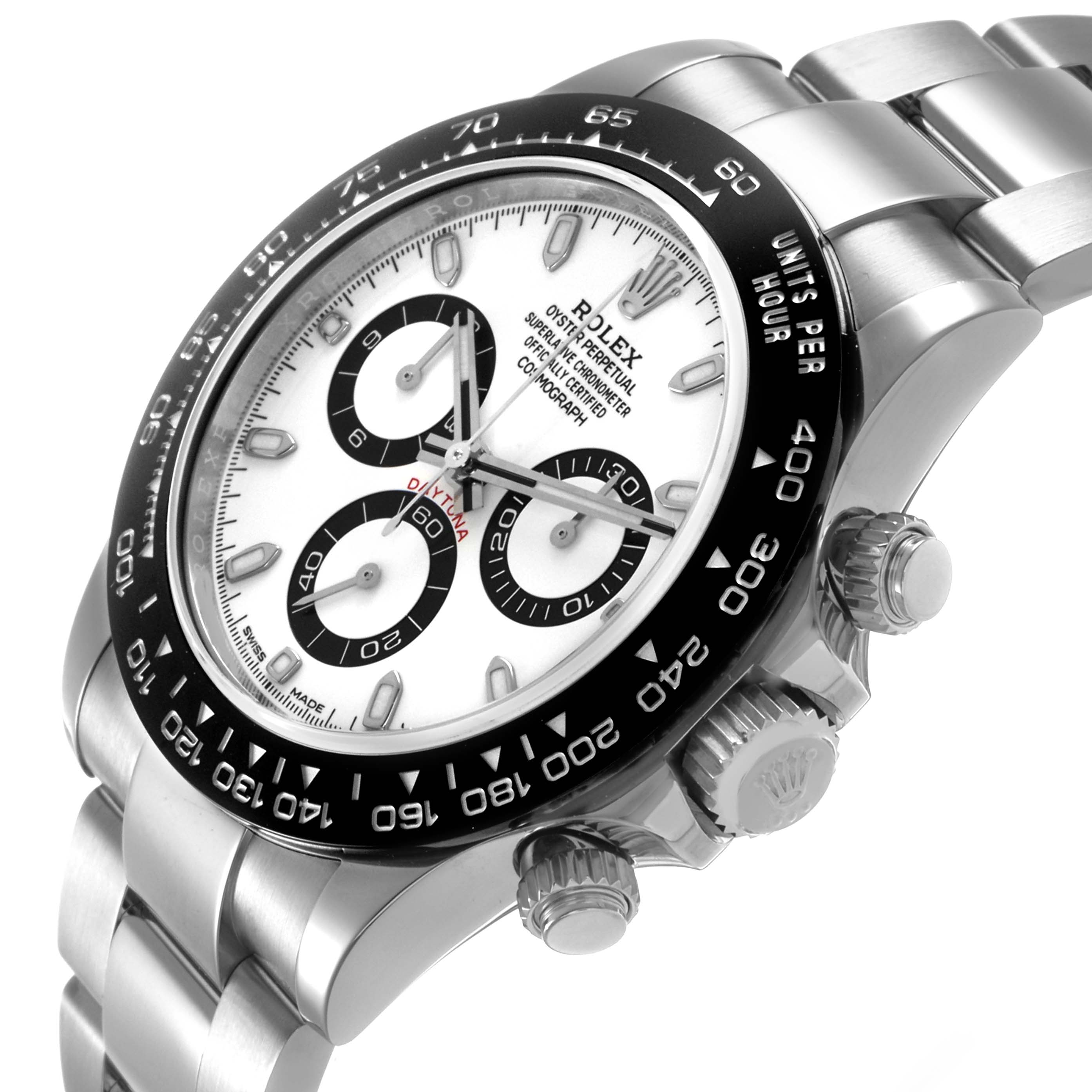 The Rolex Daytona 116500LN Men's Stainless Steel White Dial watch is shown at an angled side view, highlighting the bezel, case, dial, and bracelet.