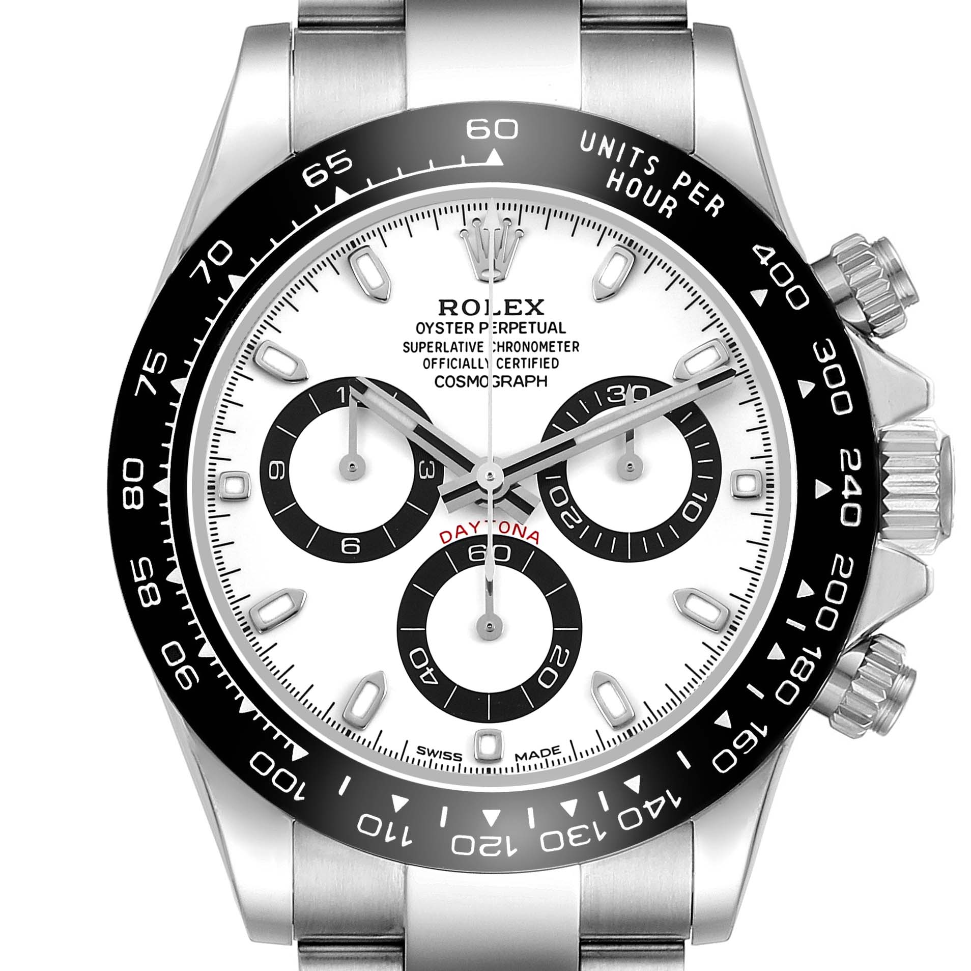 The Rolex Daytona 116500LN Men's Stainless Steel White Dial is shown from the front, displaying the dial, bezel, subdials, and crown on the side.