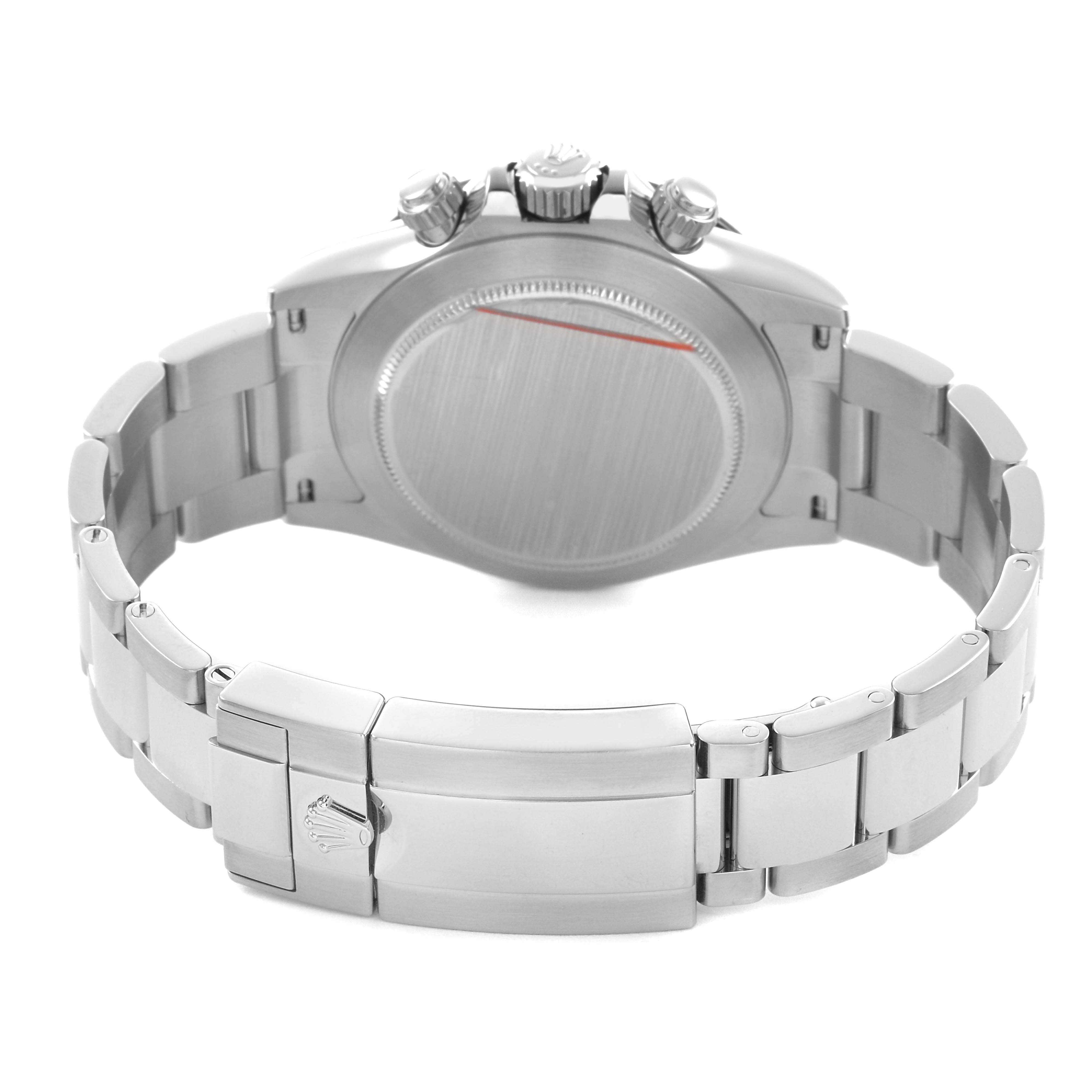The image shows the back case and bracelet of a Rolex Daytona 116500LN Men's Stainless Steel White Dial watch from a rear angle.