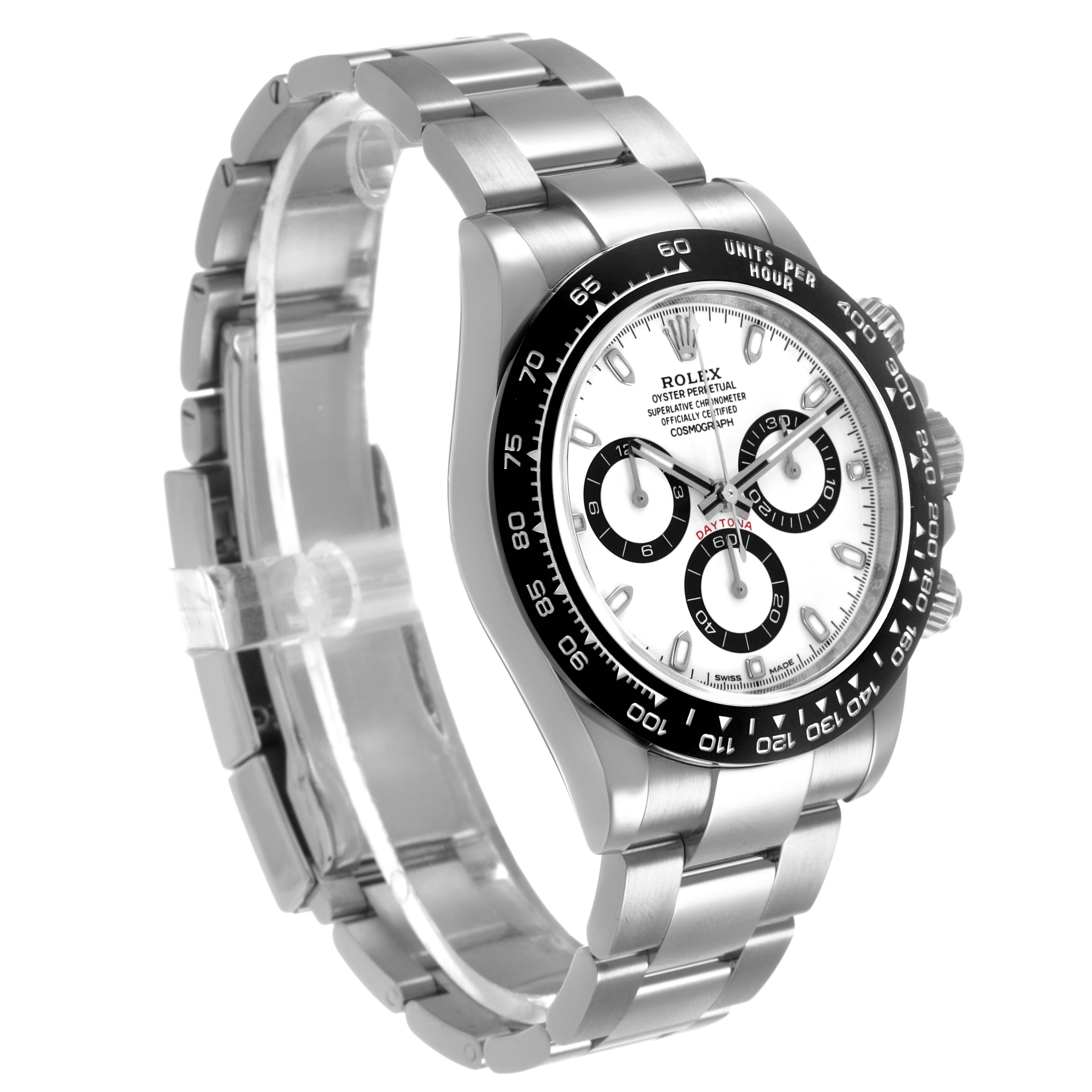 The Rolex Daytona 116500LN Men's Stainless Steel White Dial is shown at a three-quarter angle, displaying the bracelet, dial, bezel, and pushers clearly.
