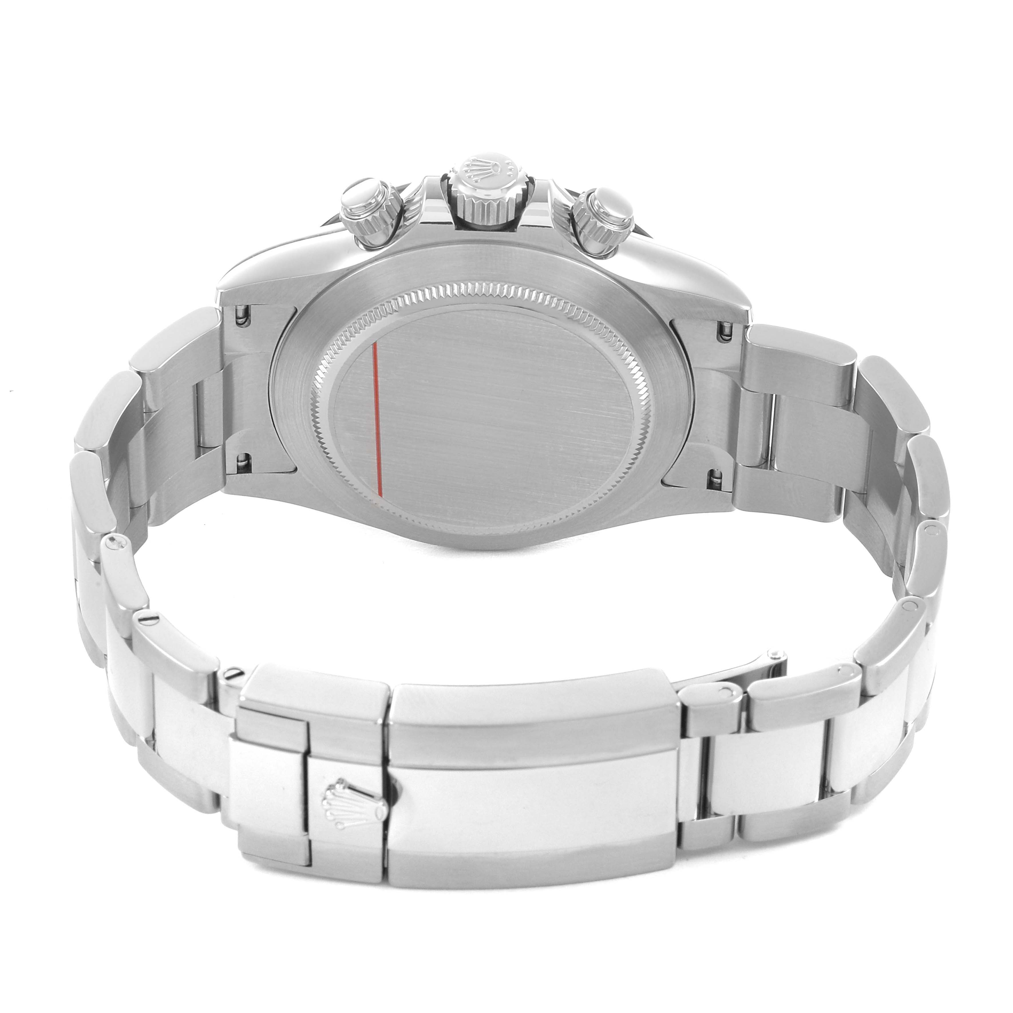 The image shows the back of a Rolex Daytona 116500LN Men's Stainless Steel White Dial watch, highlighting the case back, crown, and bracelet clasp.