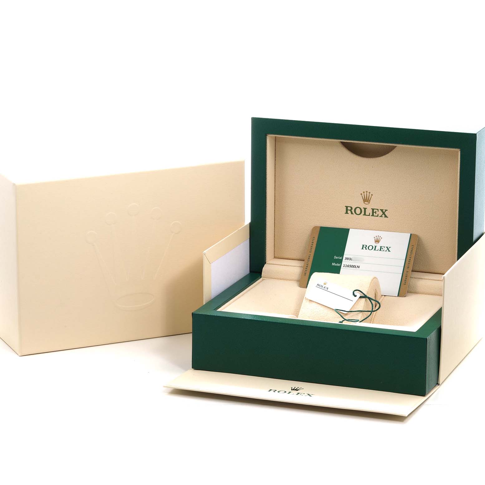 The Rolex Daytona 116500LN Men's Stainless Steel White Dial packaging is shown at an angle, displaying the box, warranty card, and tags, without the watch.