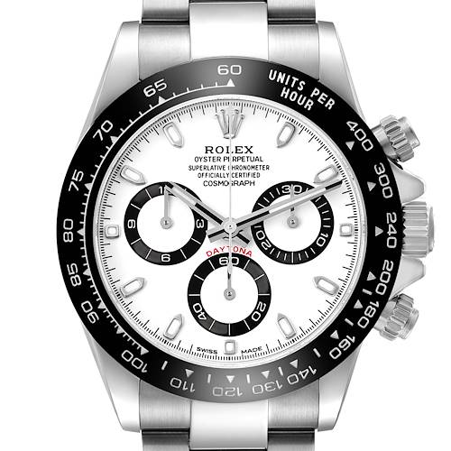 The Rolex Daytona 116500LN Men's Stainless Steel White Dial watch is shown from a front angle, highlighting the dial, bezel, sub-dials, and crown.