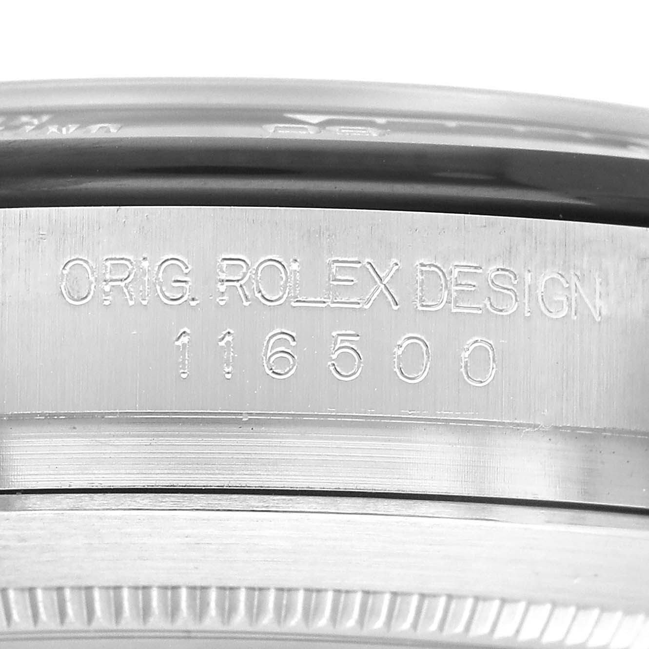 The image shows an engraved side view of a Rolex Daytona 116500LN Men's Stainless Steel White Dial watch case with model number 116500.