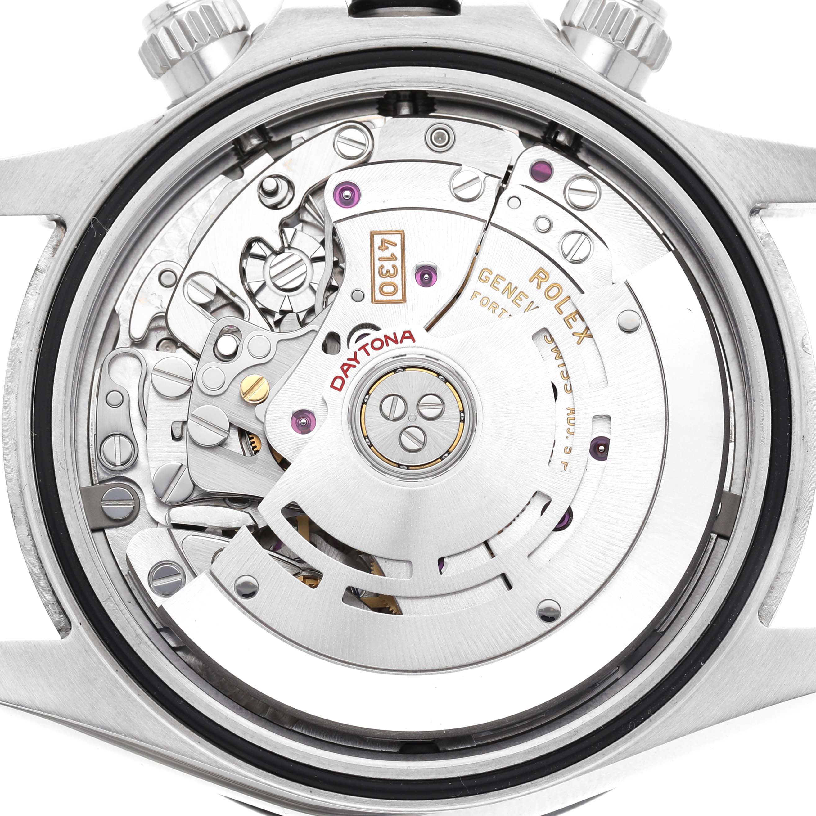 The image shows the movement and internal mechanism of a Rolex Daytona 116500LN Men's Stainless Steel White Dial watch from the rear angle.