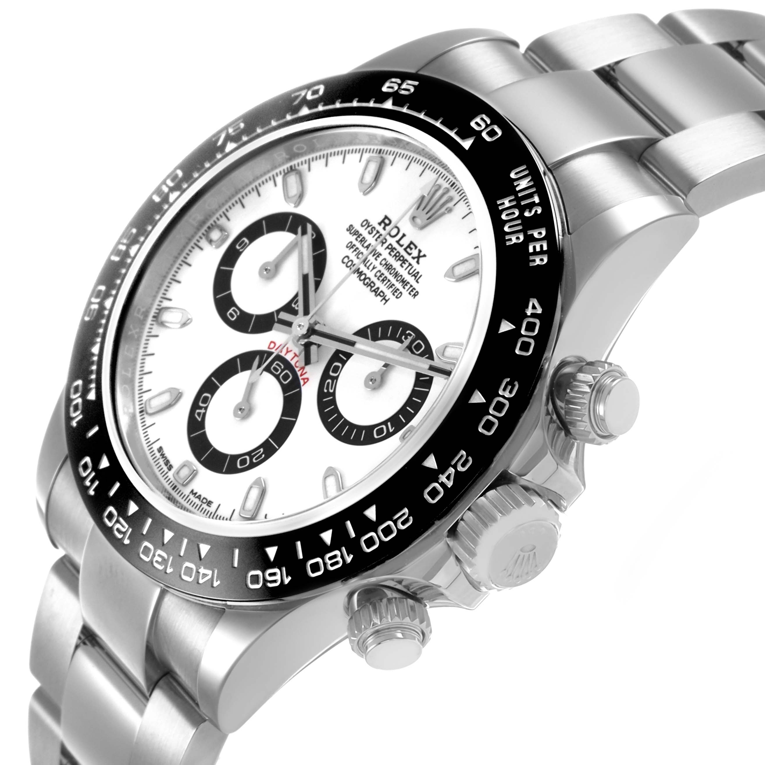 The Rolex Daytona 116500LN Men's Stainless Steel White Dial is shown at an angled view, highlighting the bezel, dial, chronograph subdials, and bracelet.