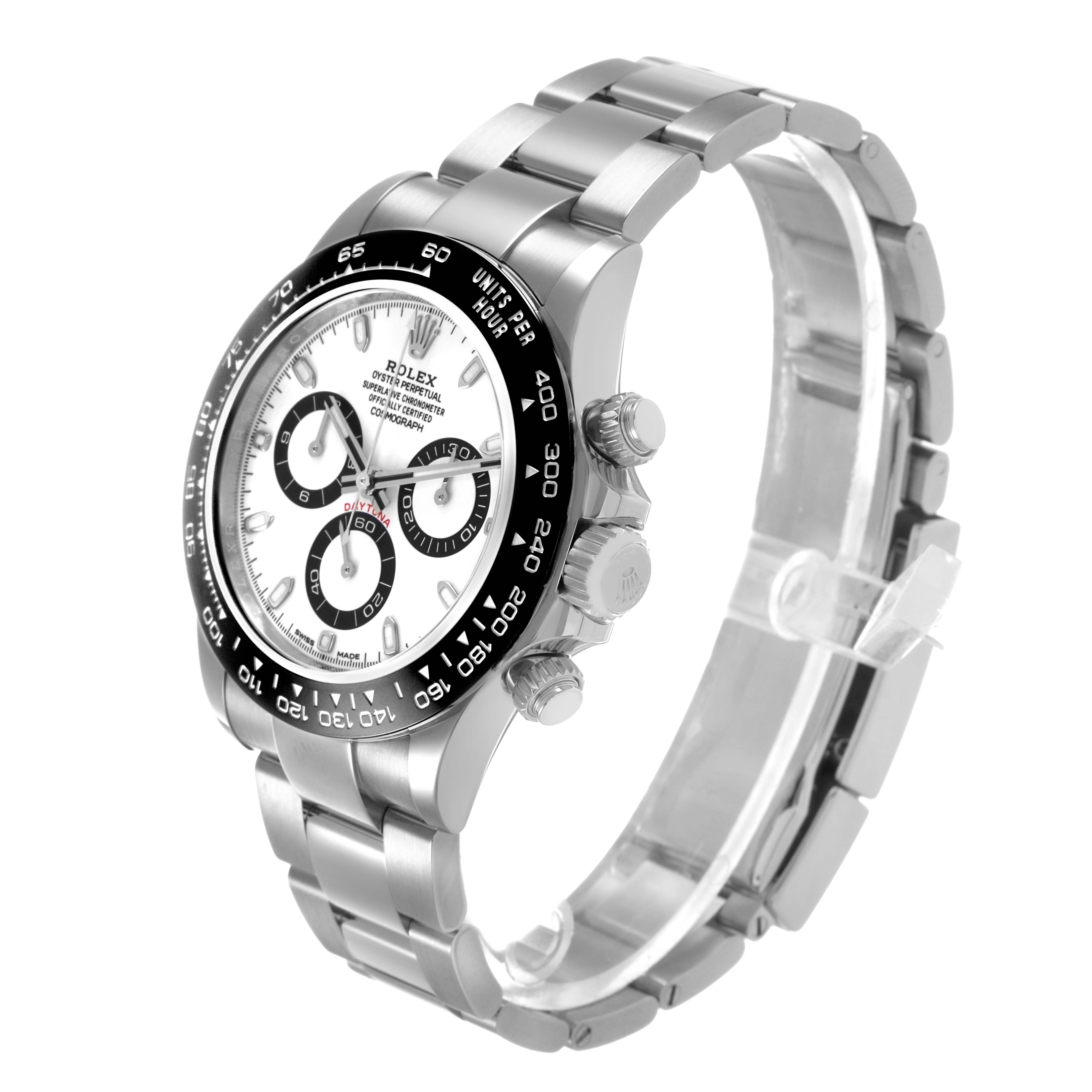 The Rolex Daytona 116500LN Men's Stainless Steel White Dial watch is shown at an angled view, highlighting the bezel, dial, pushers, and bracelet.