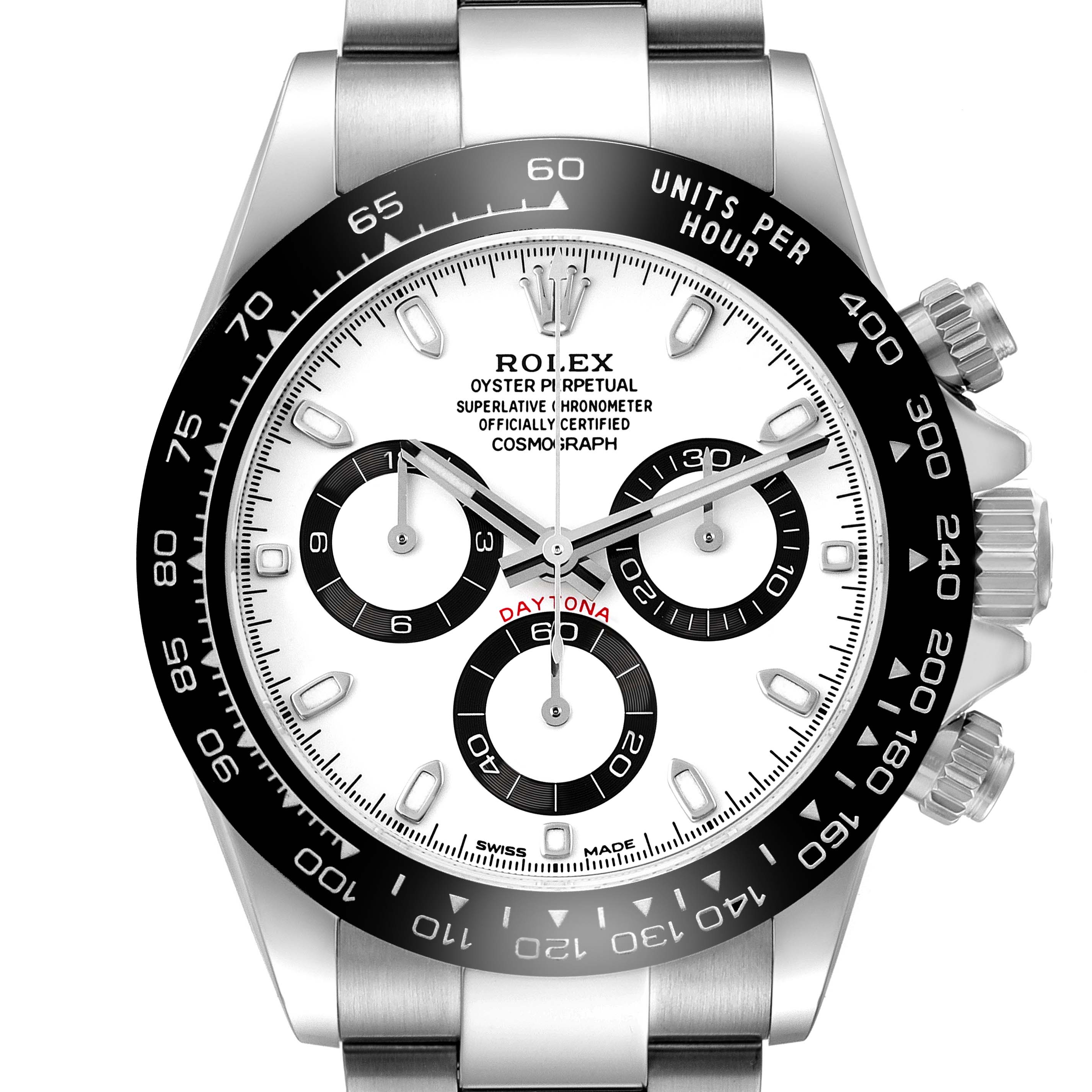 The Rolex Daytona 116500LN Men's Stainless Steel White Dial watch is shown from the front, highlighting its bezel, dial, subdials, and crown.