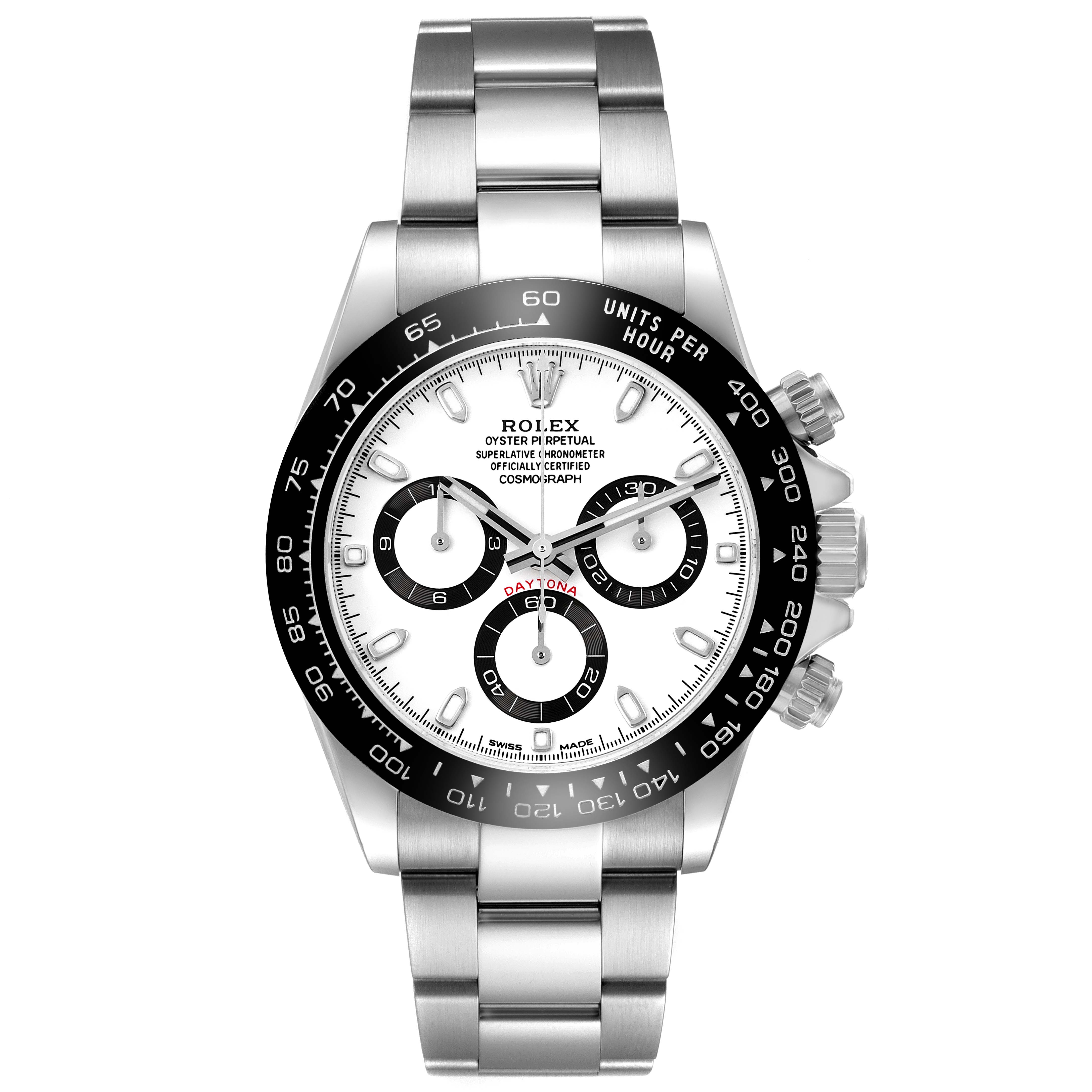 The Rolex Daytona 116500LN Men's Stainless Steel White Dial watch is shown from the front, highlighting its bezel, dial, sub-dials, and bracelet.