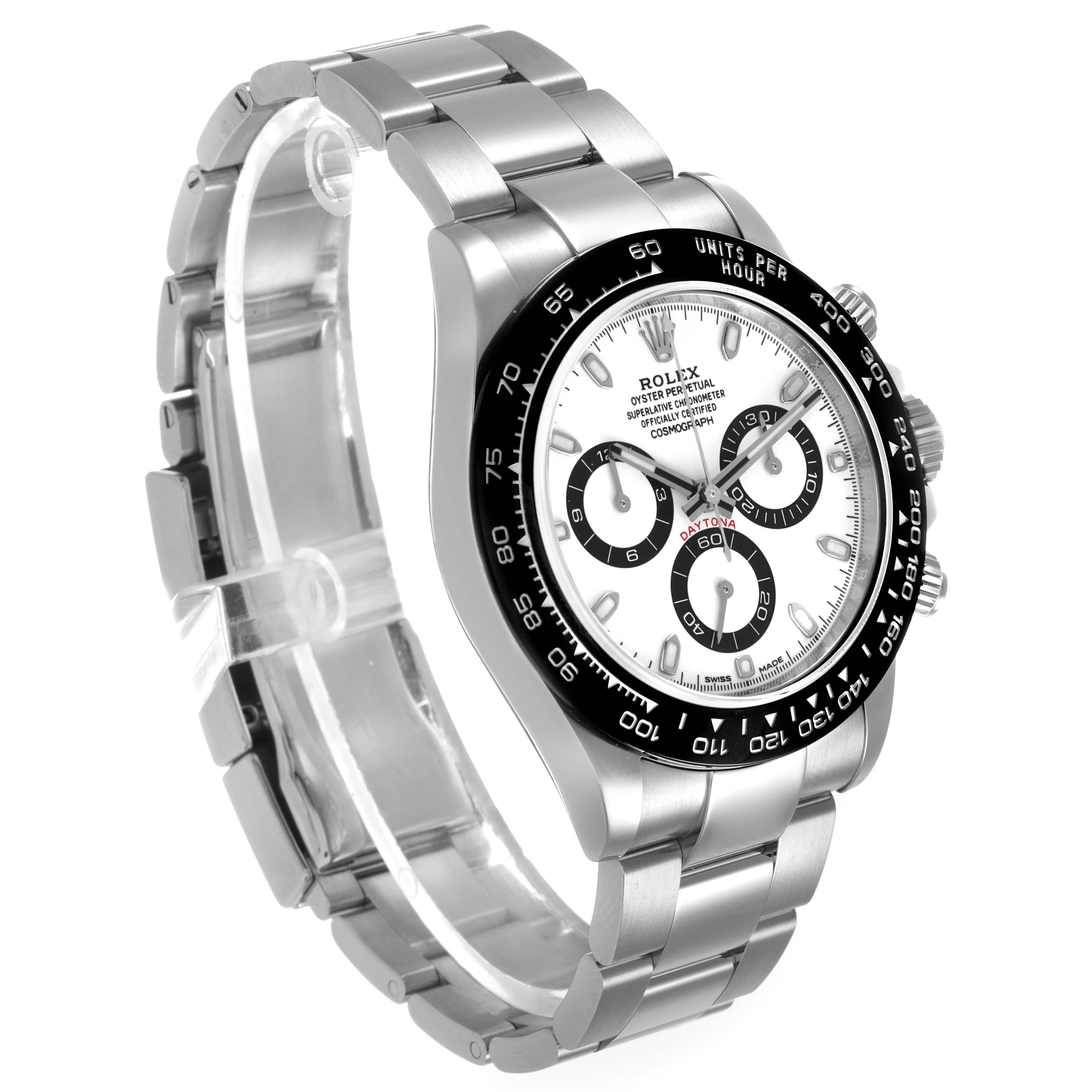 The Rolex Daytona 116500LN Men's Stainless Steel White Dial watch is shown at a three-quarter angle, highlighting the dial, bezel, and stainless steel bracelet.