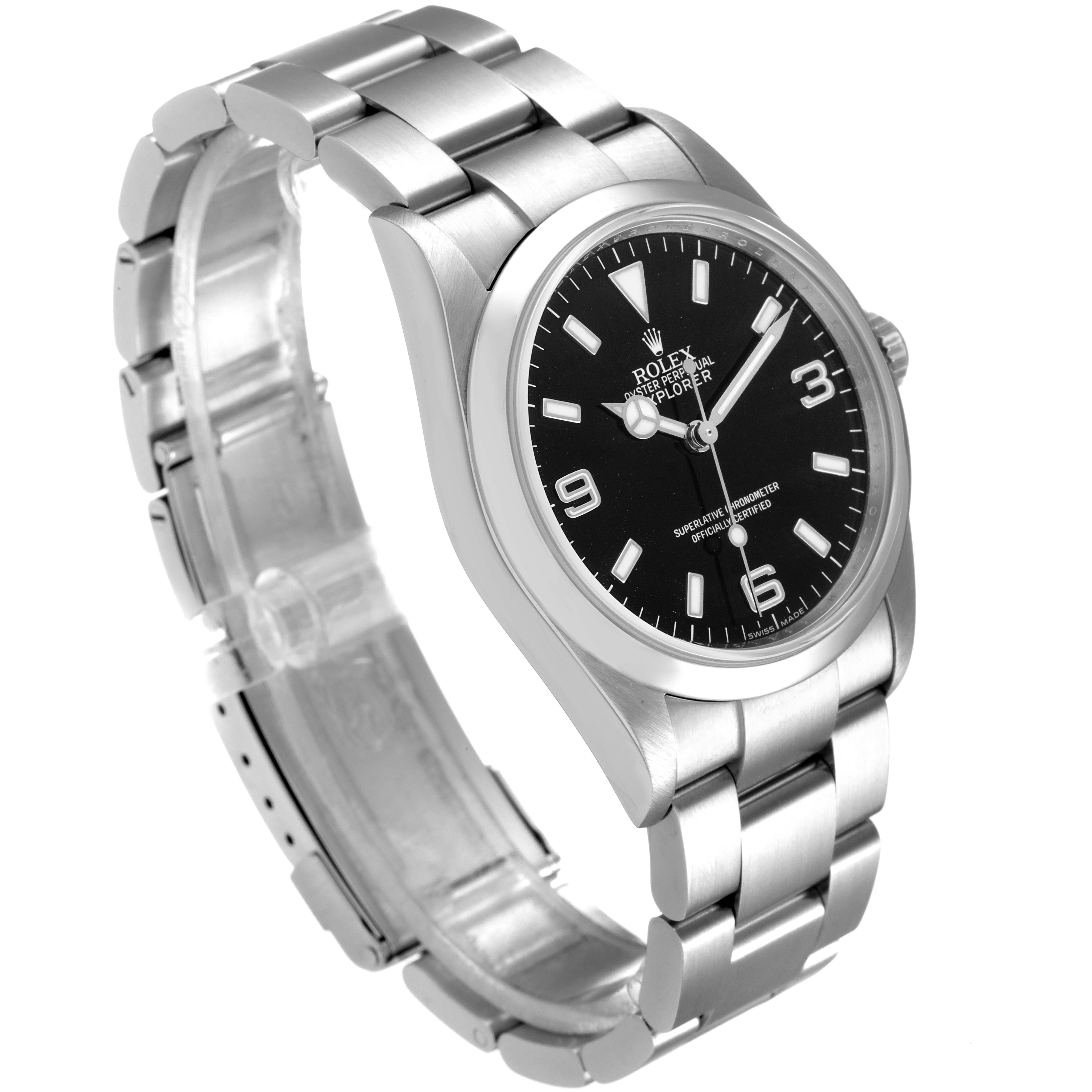The Rolex Explorer 114270 Men's Stainless Steel Black Dial 114270 Men's Stainless Steel Black Dial watch is shown at an angle displaying its face, bezel, case, and bracelet.