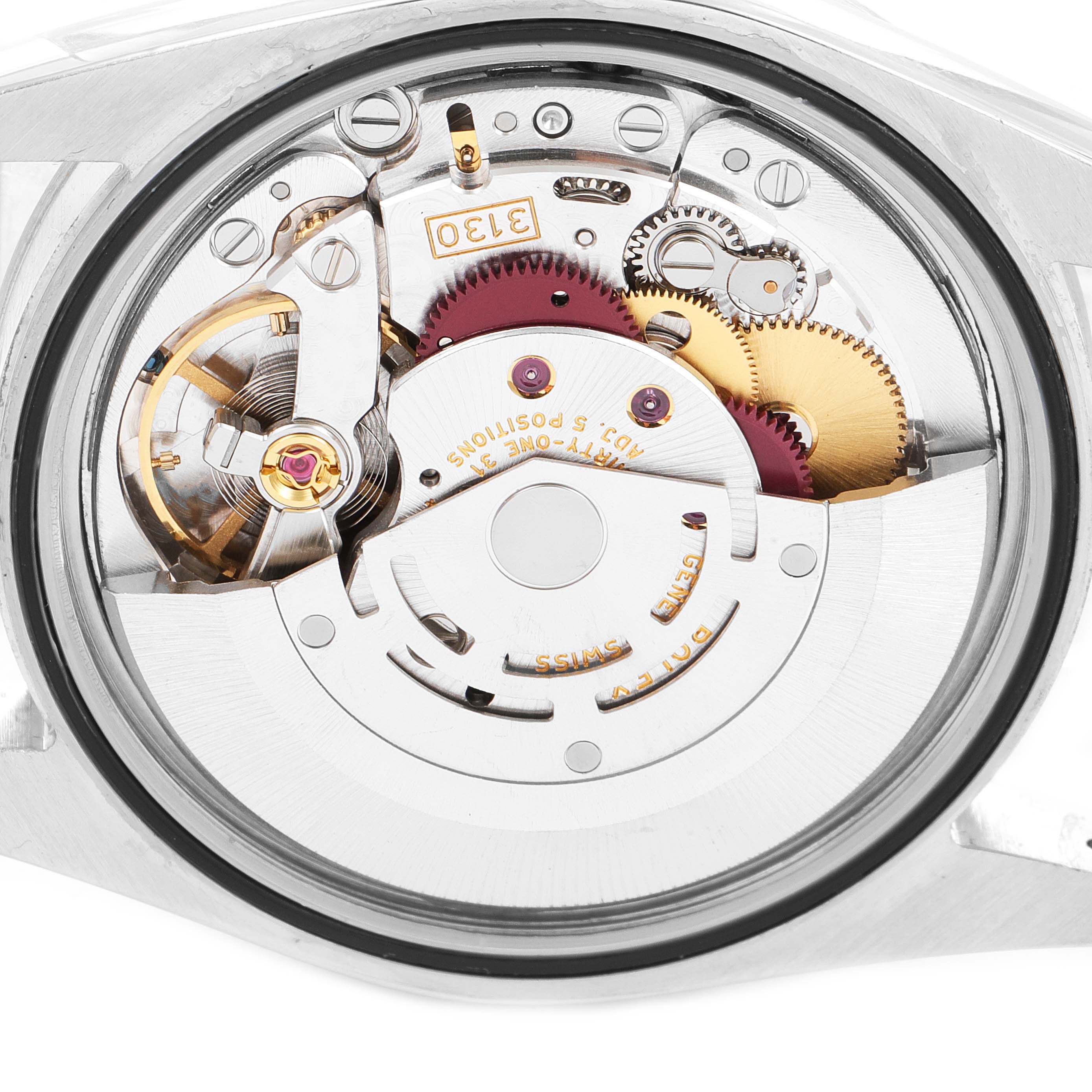 This image shows the movement and inner mechanics of a Rolex Explorer 114270 Men's Stainless Steel Black Dial 114270 Men's Stainless Steel Black Dial watch from a top-down angle.