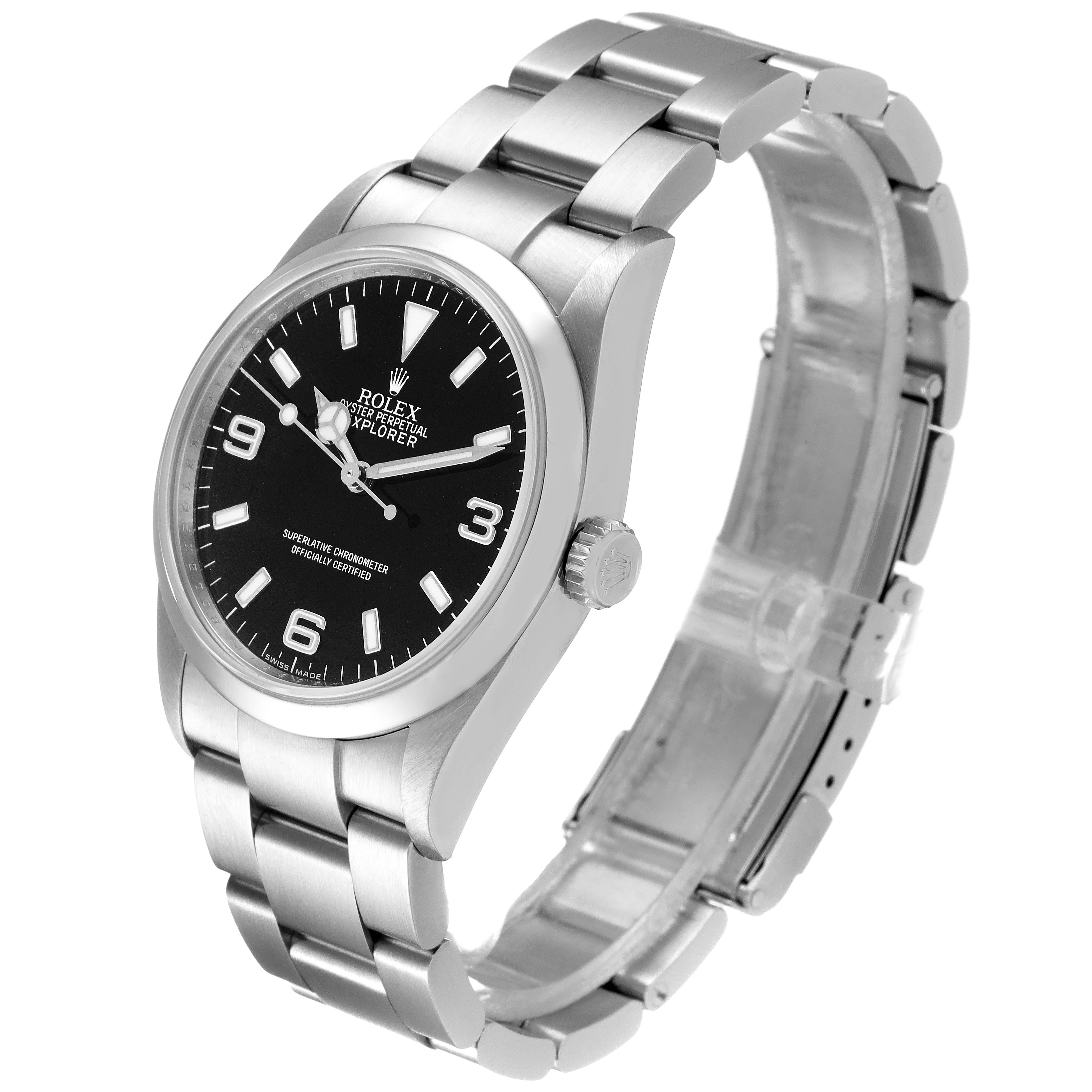 The image shows a side angle of the Rolex Explorer 114270 Men's Stainless Steel Black Dial 114270 Men's Stainless Steel Black Dial watch, highlighting the face, bezel, crown, and bracelet.