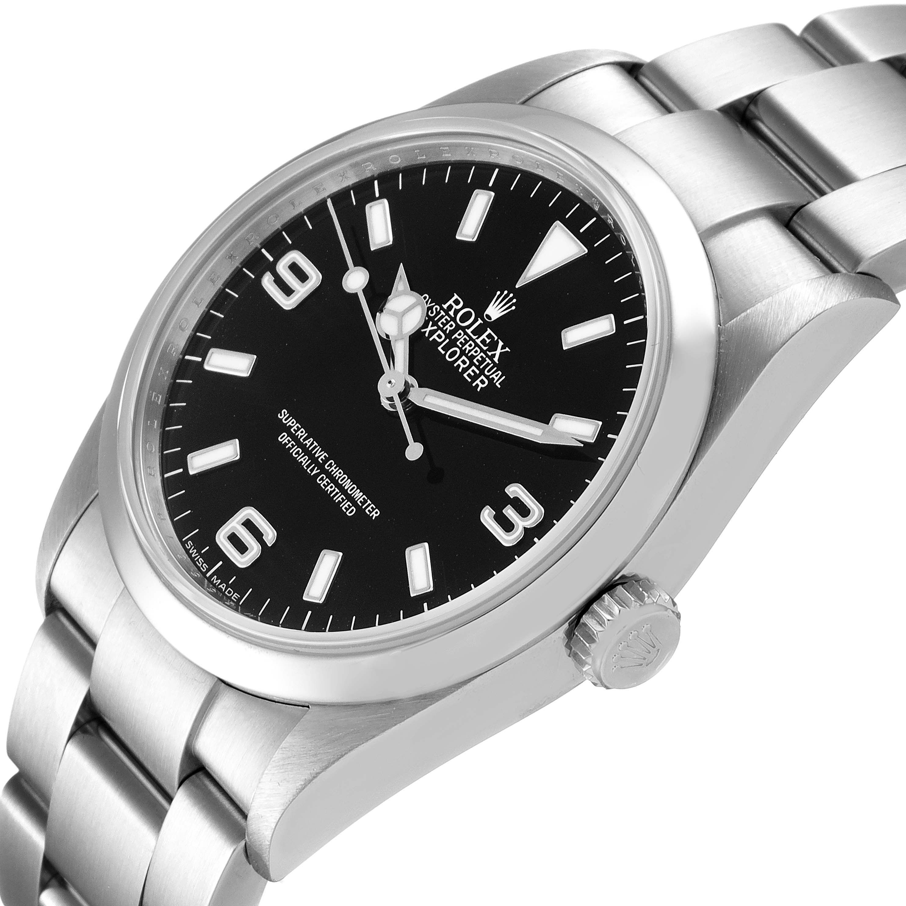The image shows a partial side-view angle of a Rolex Explorer 114270 Men's Stainless Steel Black Dial 114270 Men's Stainless Steel Black Dial watch, highlighting the face, bezel, crown, and part of the bracelet.