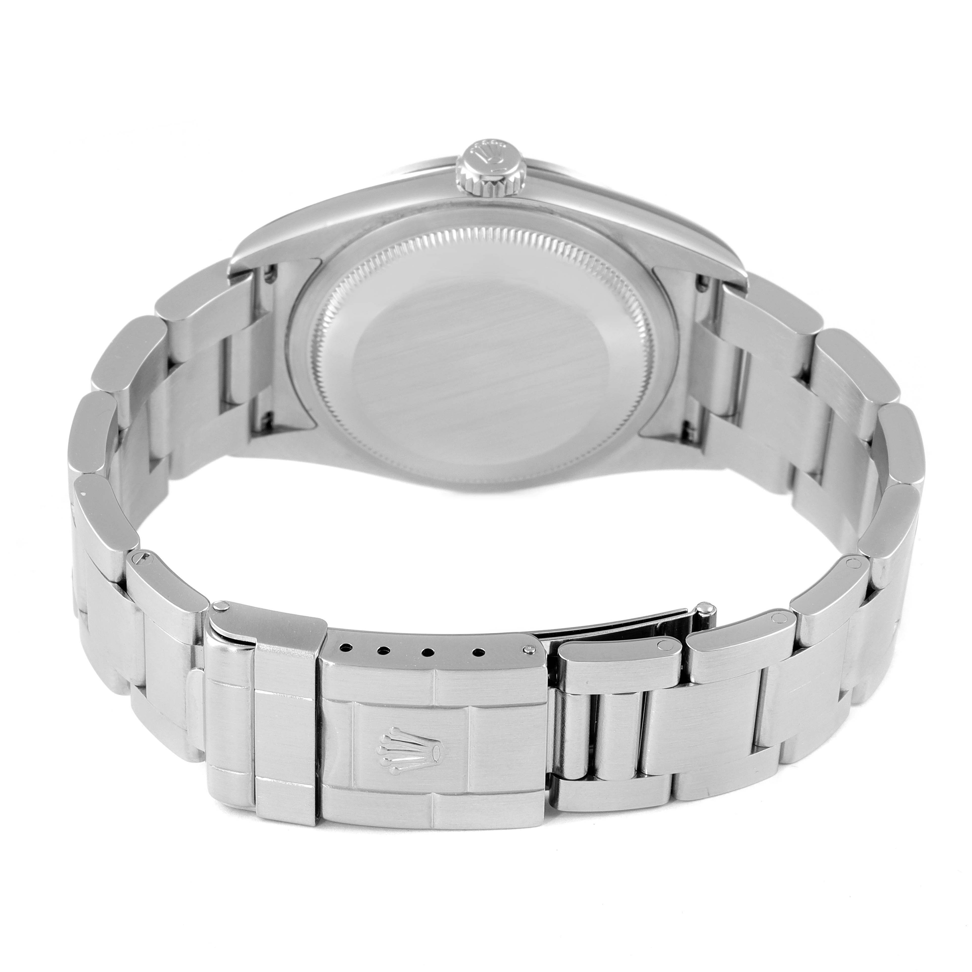 The image shows the back view and bracelet clasp of a Rolex Explorer 114270 Men's Stainless Steel Black Dial 114270 Men's Stainless Steel Black Dial watch.