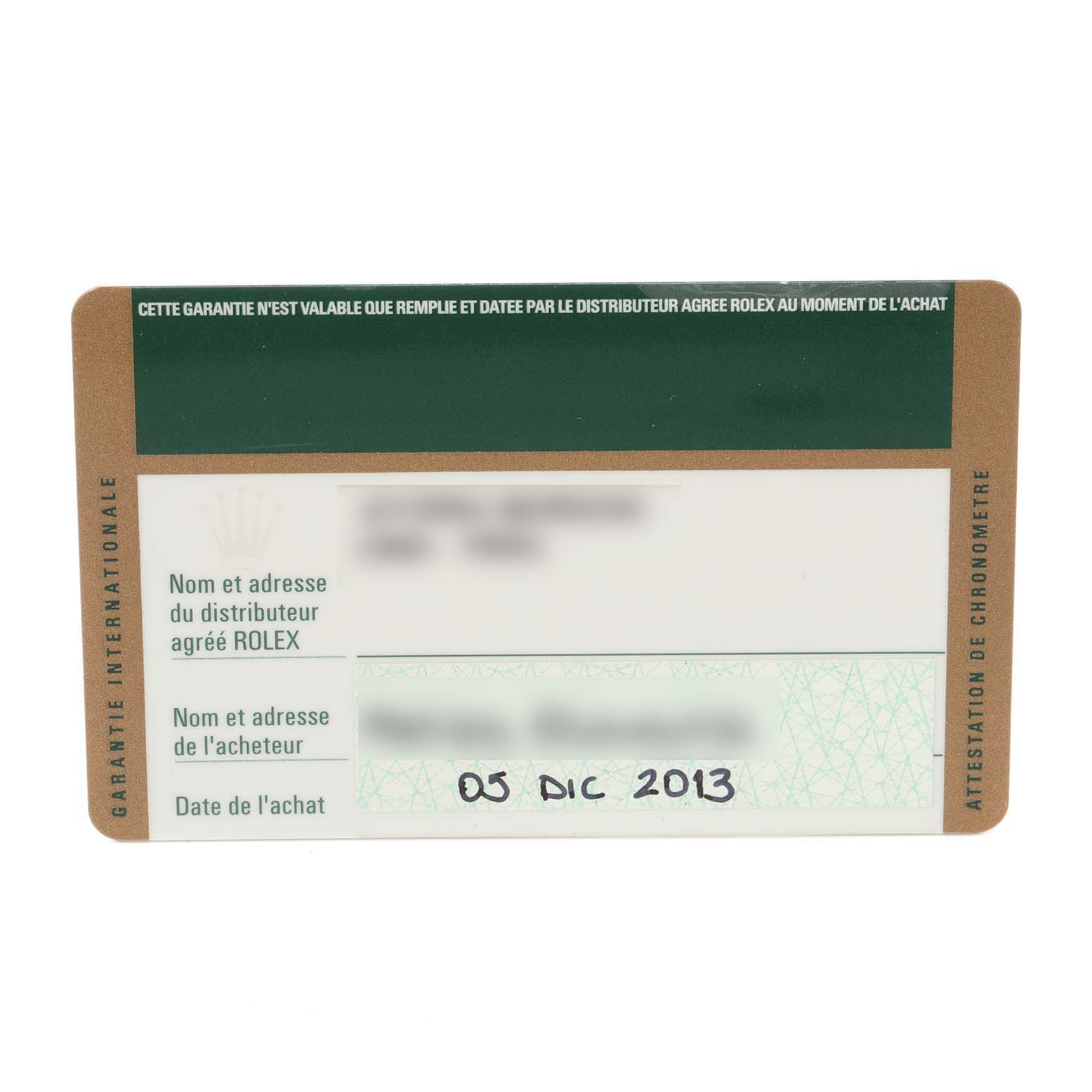 This image shows an international warranty card for a Rolex Explorer 114270 Men's Stainless Steel Black Dial 114270 Men's Stainless Steel Black Dial model watch, dated 05 Dec 2013.