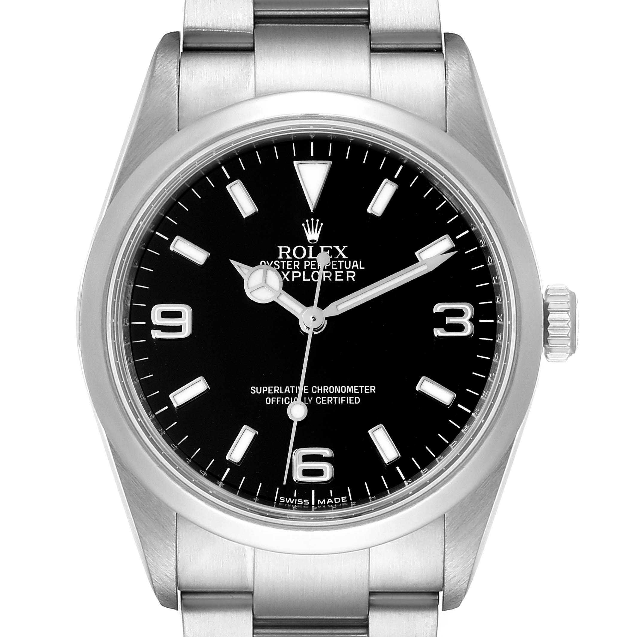The image shows a front view of a Rolex Explorer 114270 Men's Stainless Steel Black Dial 114270 Men's Stainless Steel Black Dial watch, featuring the dial, hands, case, and part of the bracelet.