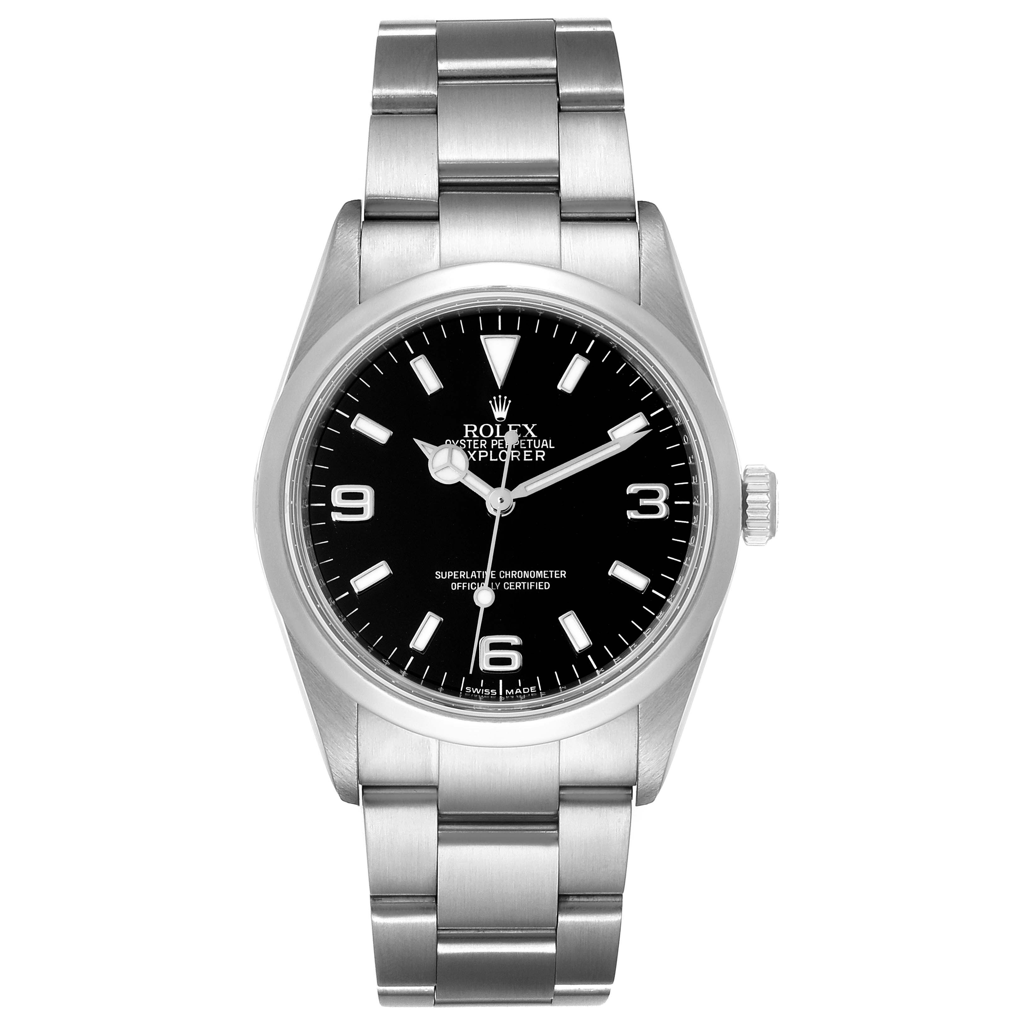 This is a frontal view of the Rolex Explorer 114270 Men's Stainless Steel Black Dial 114270 Men's Stainless Steel Black Dial watch, showing its face, bezel, and bracelet.