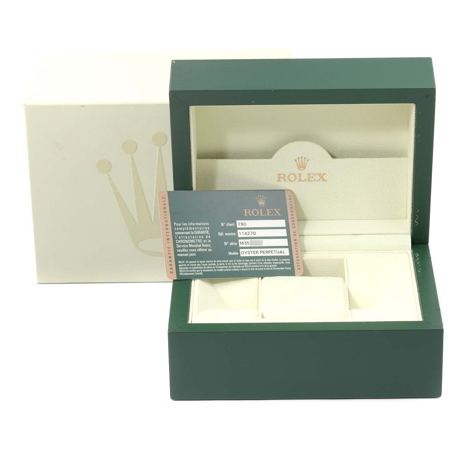 The image shows a Rolex Explorer 114270 Men's Stainless Steel Black Dial 114270 Men's Stainless Steel Black Dial watch box, authentication card, and the outer packaging.