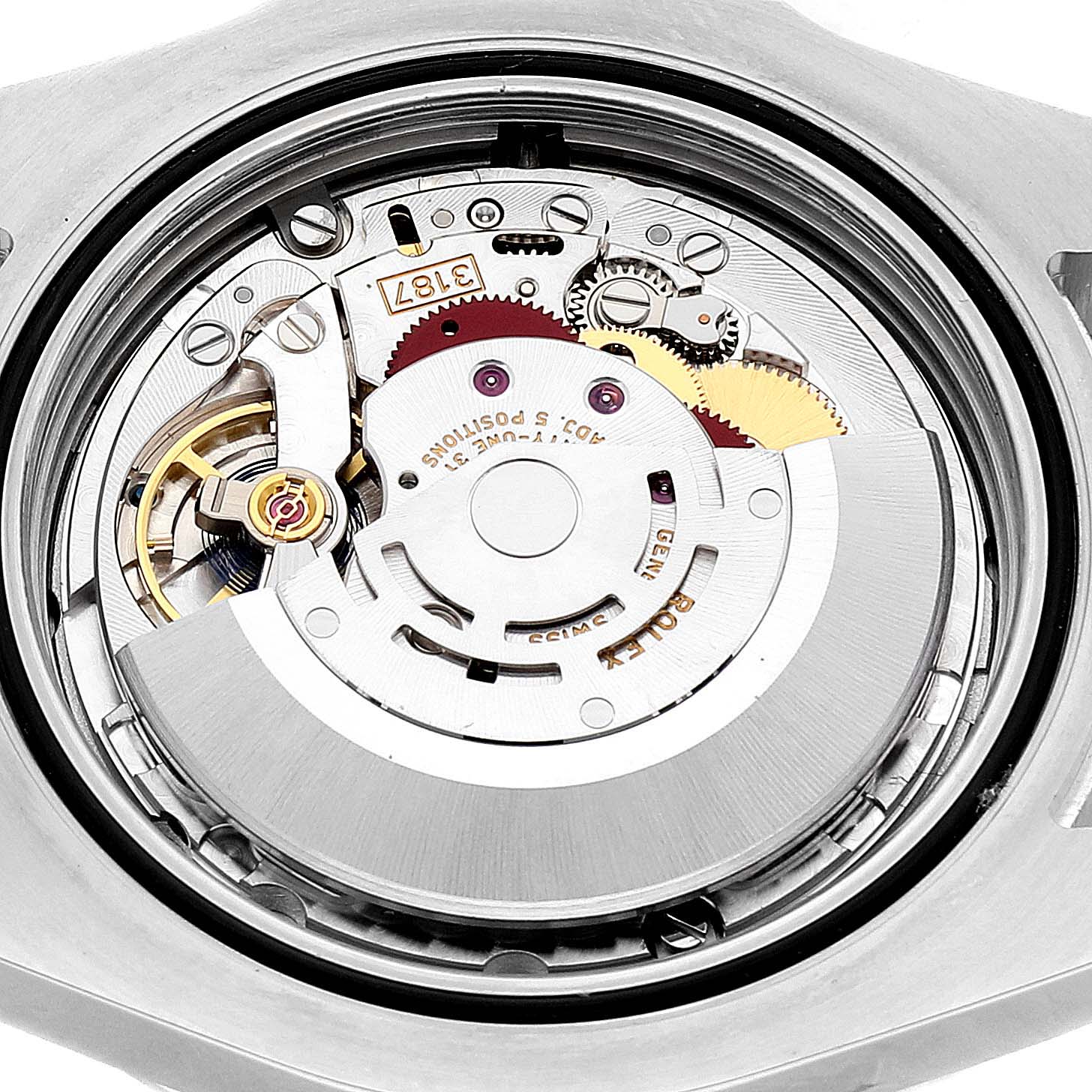 This image shows a close-up view of the internal mechanical movement of a Rolex Explorer 216570 Men's Stainless Steel White Dial 216570 Men's Stainless Steel White Dial watch.
