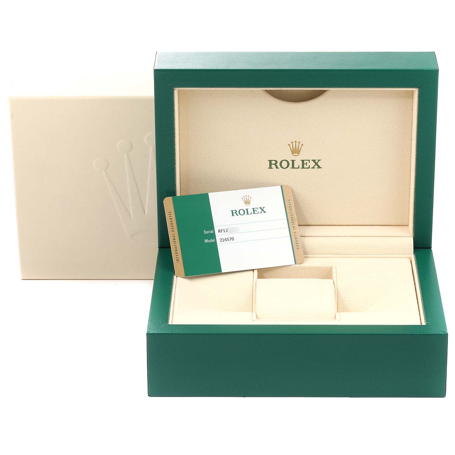 The angle shows a Rolex Explorer 216570 Men's Stainless Steel White Dial 216570 Men's Stainless Steel White Dial watch box with an authentication card placed inside the box.