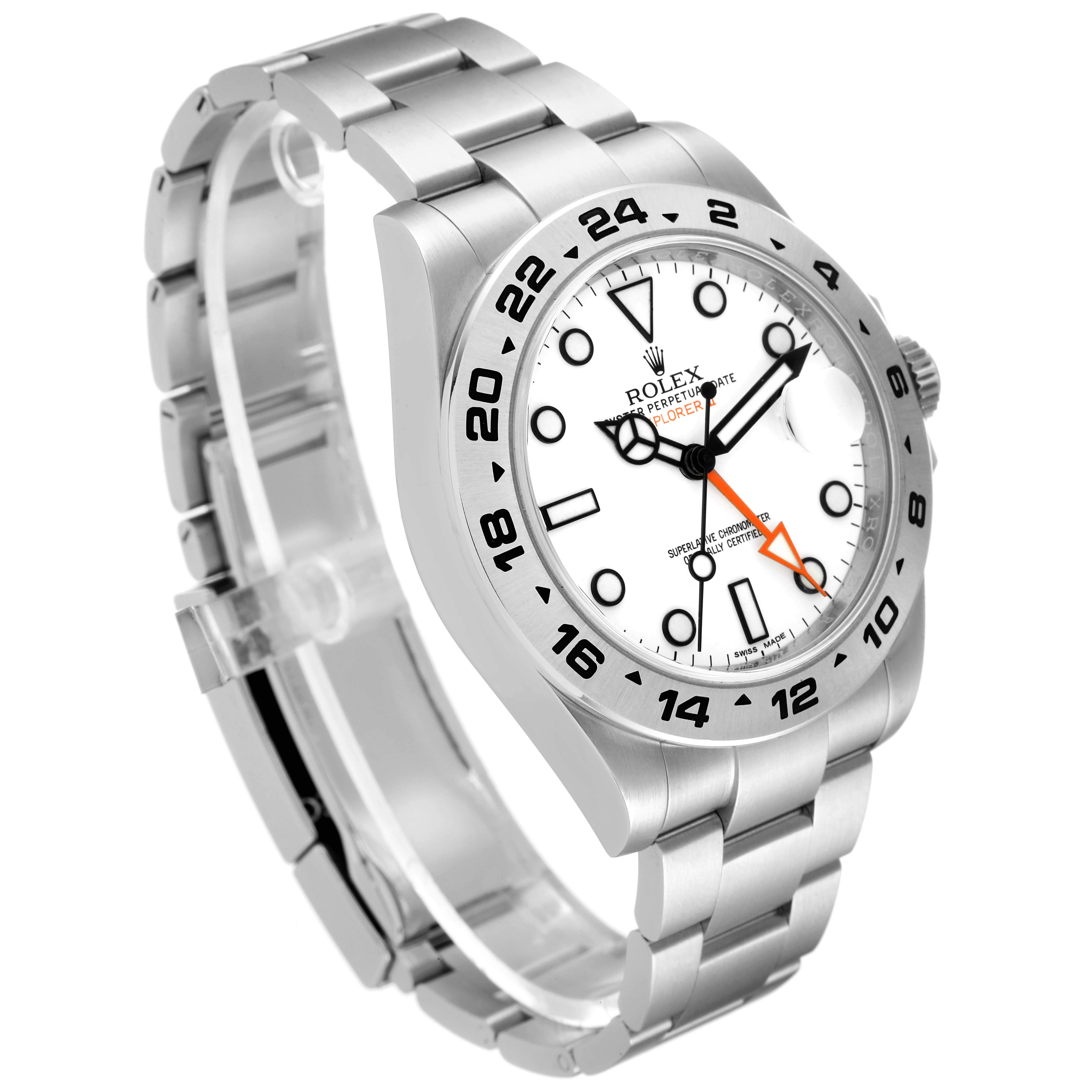 The image shows a Rolex Explorer 216570 Men's Stainless Steel White Dial 216570 Men's Stainless Steel White Dial watch at a slight angle, showcasing its stainless steel bracelet, bezel, crown, and white dial.