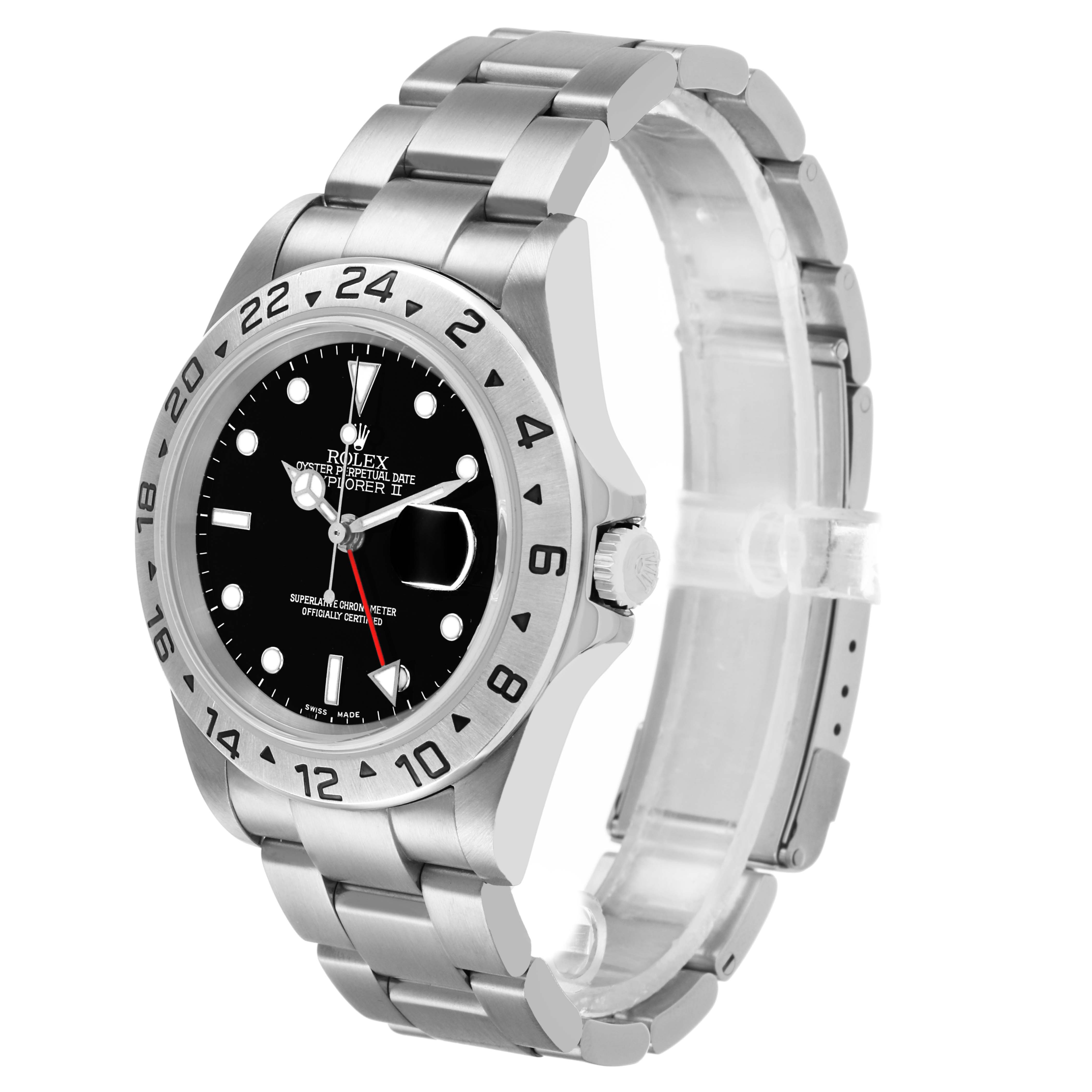 The Rolex Explorer 16570 T Men's Stainless Steel Black Dial watch is shown at a three-quarter angle, displaying the face, bezel, crown, and bracelet.