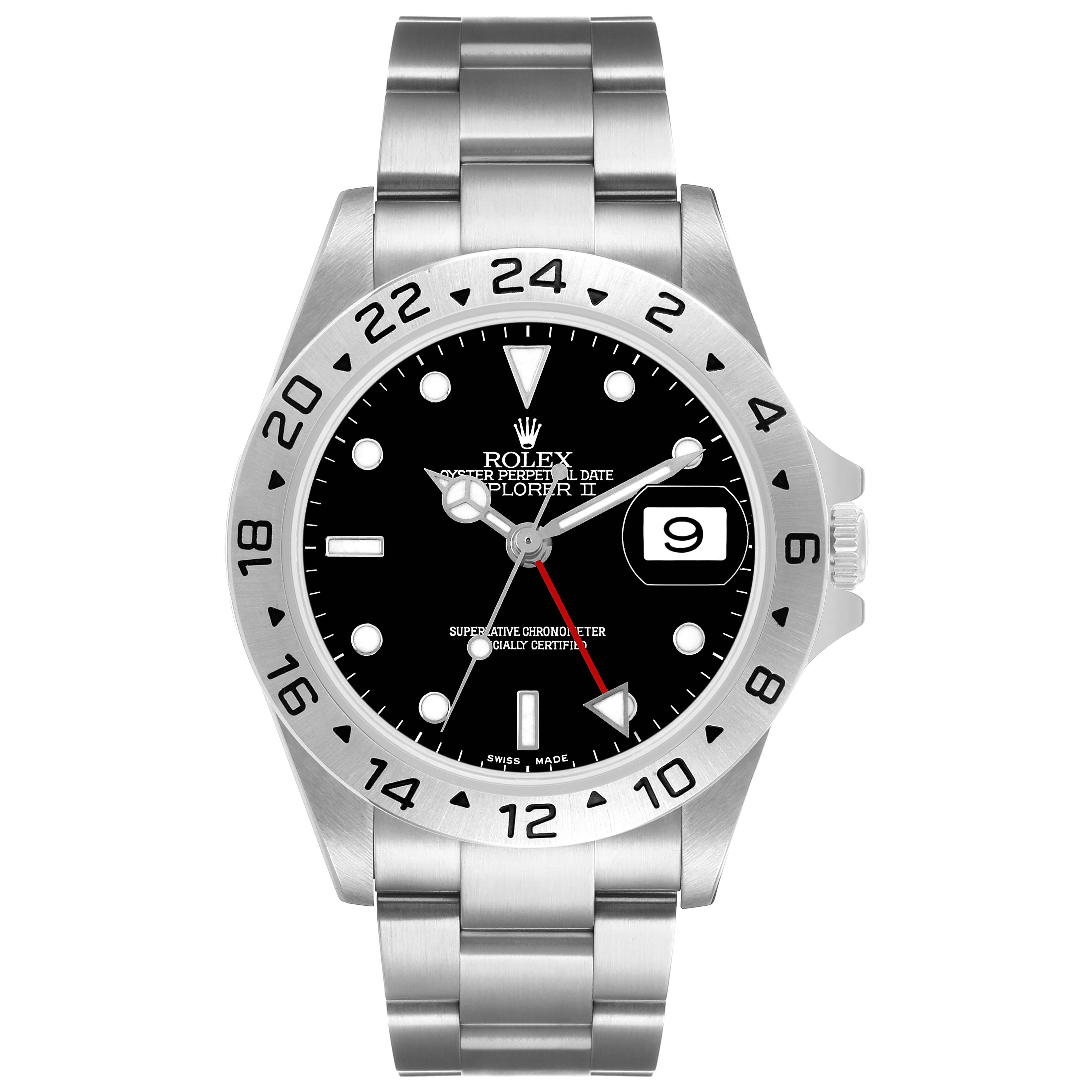 The Rolex Explorer 16570 T Men's Stainless Steel Black Dial II watch is shown from a top view, displaying the bezel, dial, bracelet, and date window.