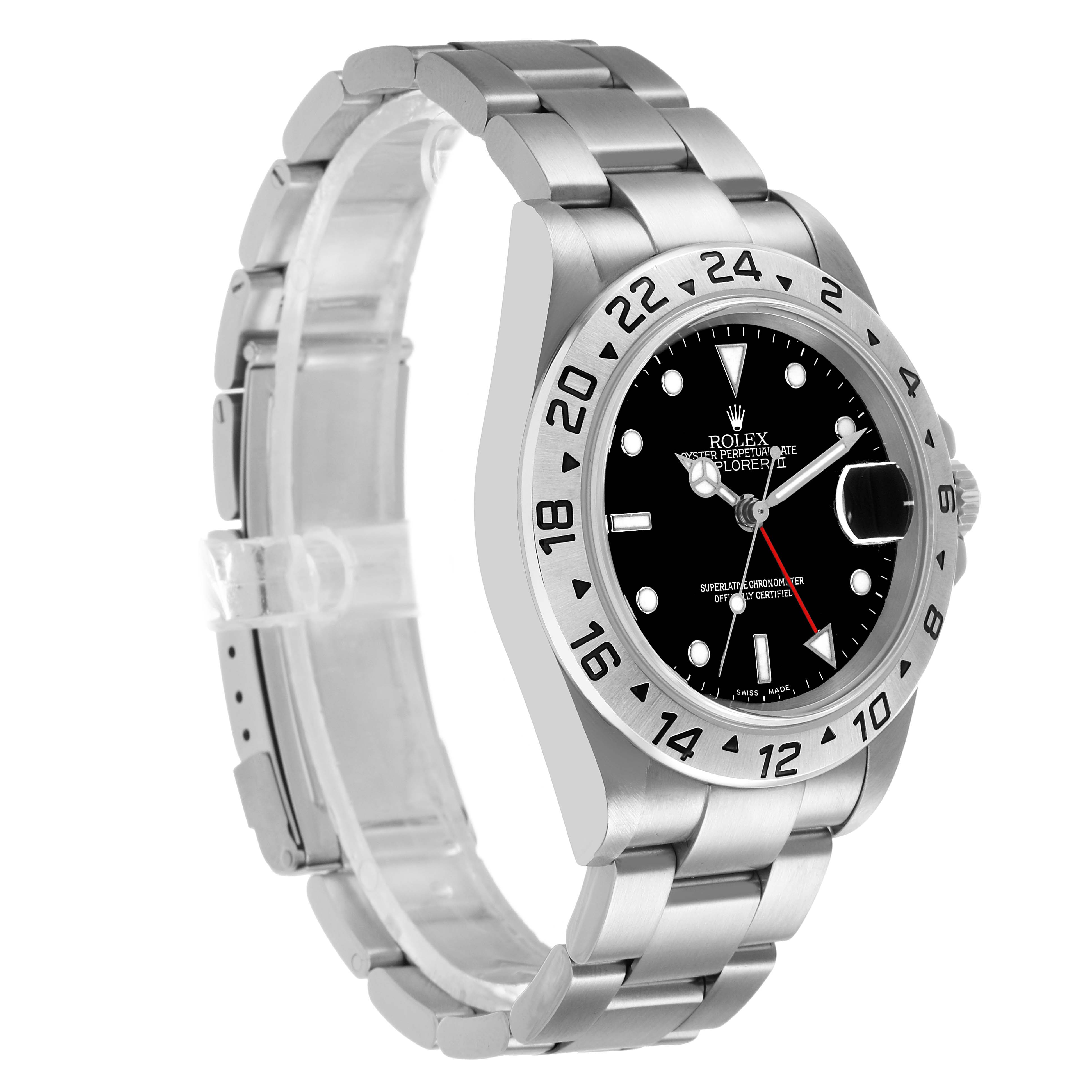 The Rolex Explorer 16570 T Men's Stainless Steel Black Dial model is shown at a slight angle, displaying the bracelet, bezel, and face with visible indices and hands.
