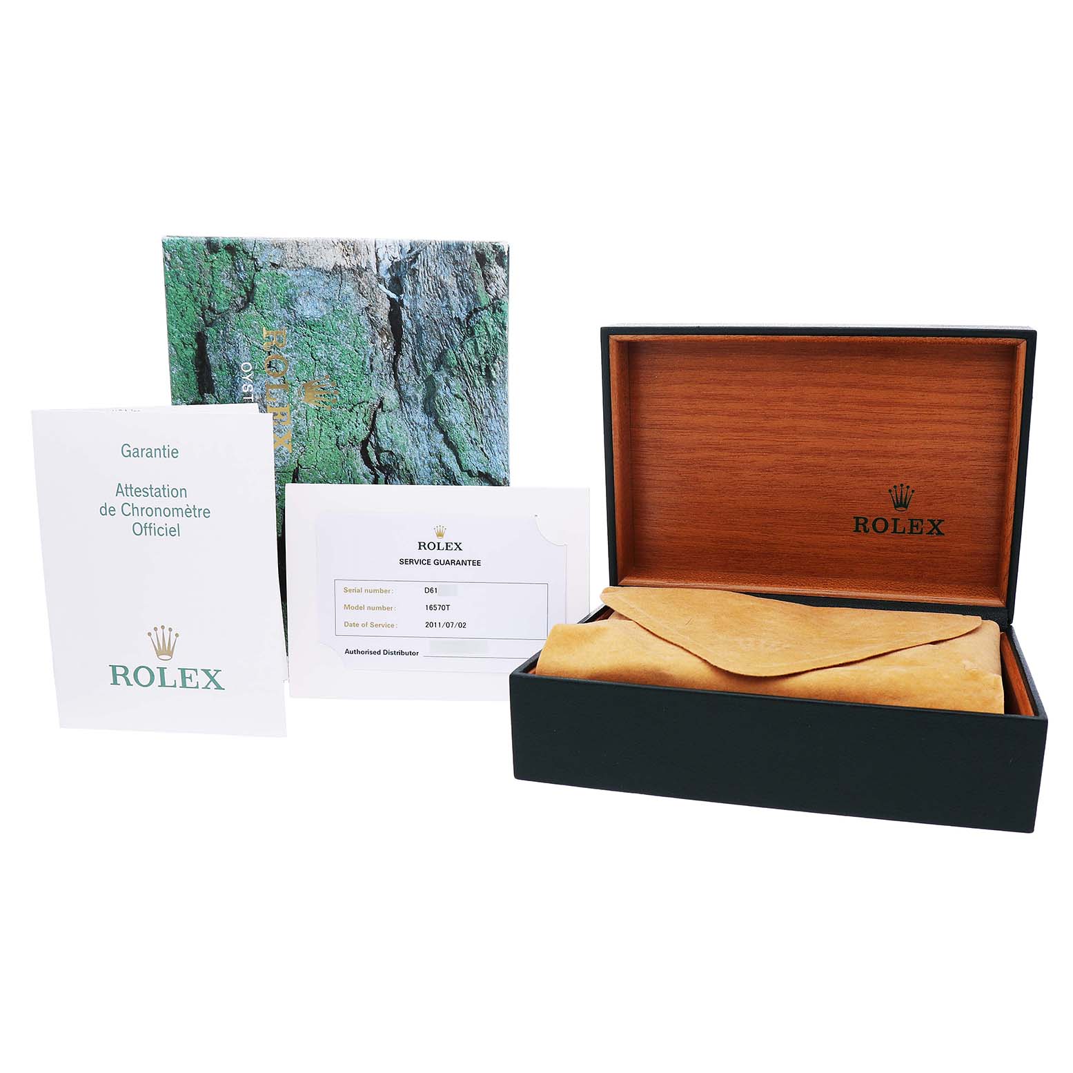 This image shows the packaging and documents of a Rolex Explorer 16570 T Men's Stainless Steel Black Dial, including the box, warranty card, and official certificates.