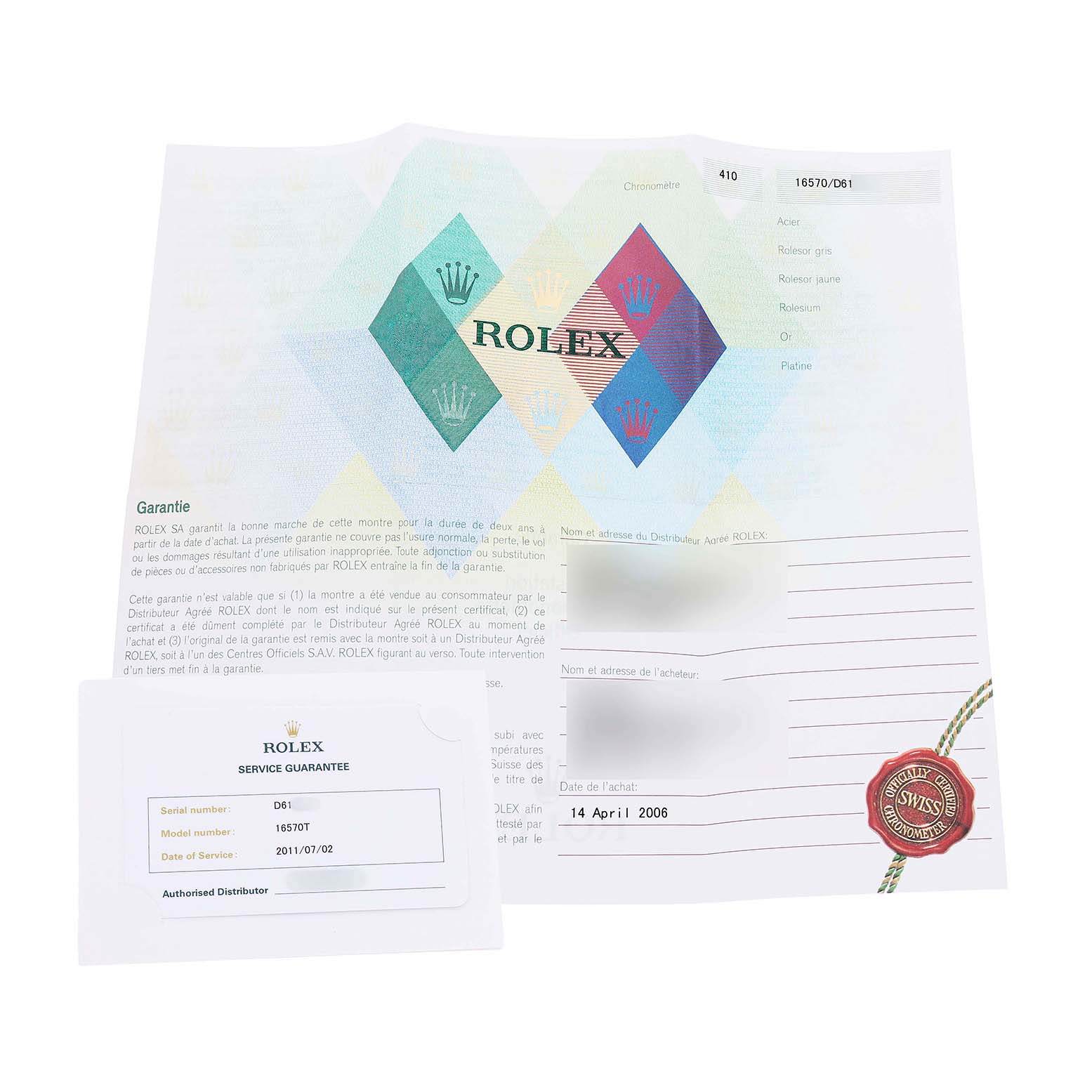 The image shows a warranty document and service guarantee card for a Rolex Explorer 16570 T Men's Stainless Steel Black Dial watch.
