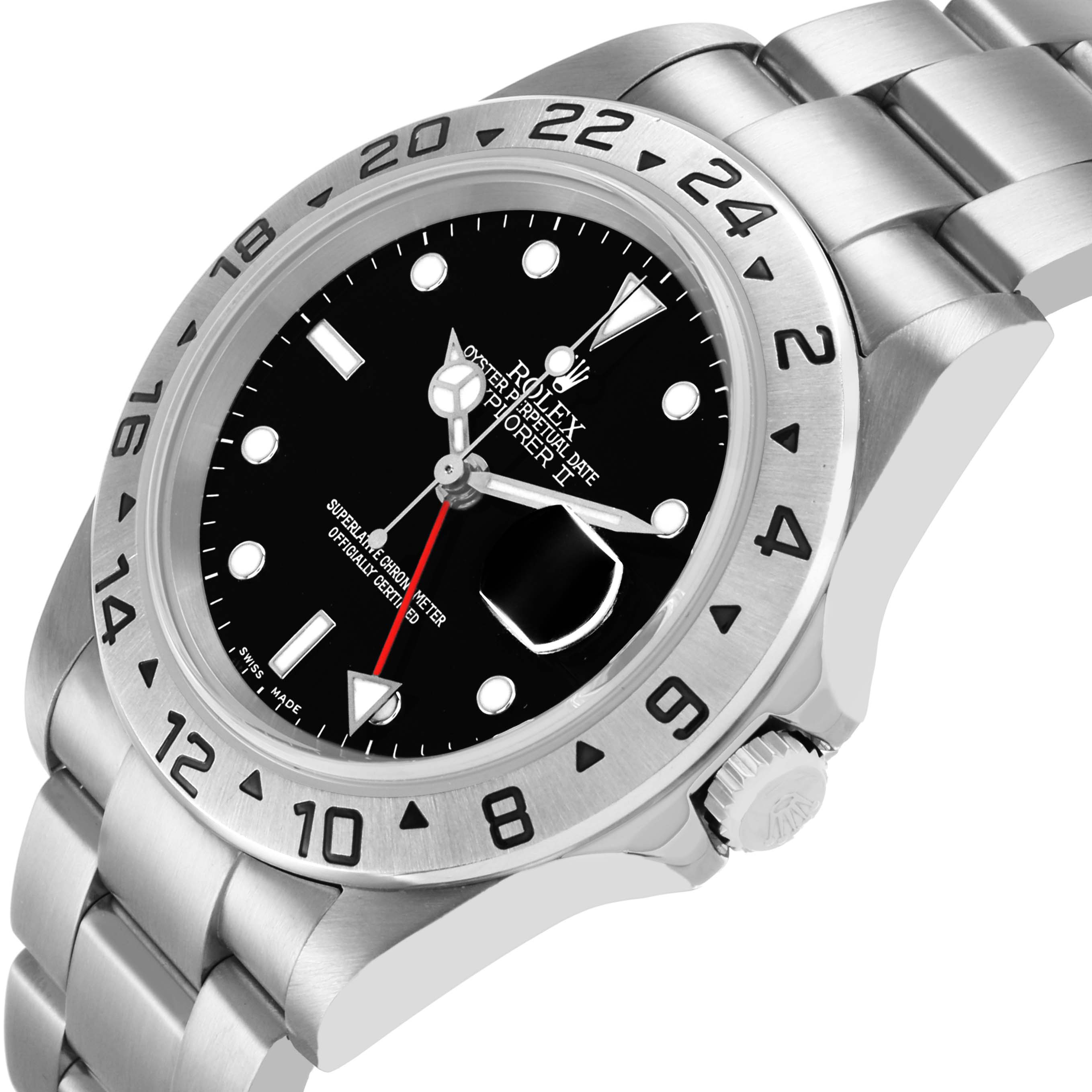 The image shows a Rolex Explorer 16570 T Men's Stainless Steel Black Dial watch from a top-side angle, highlighting the dial, bezel, crown, and bracelet.