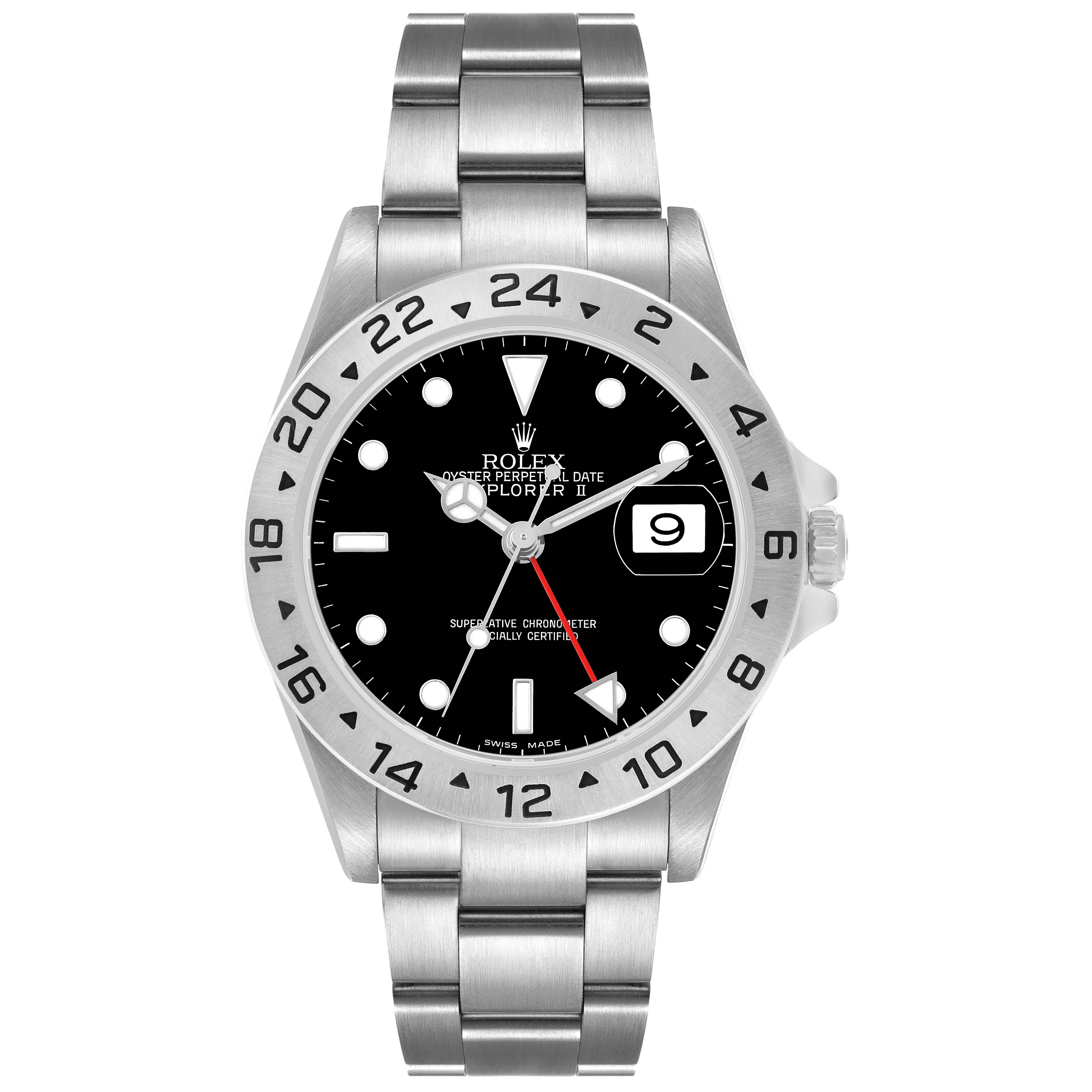 The Rolex Explorer 16570 T Men's Stainless Steel Black Dial watch is shown from a front view, displaying its face, bezel, and bracelet.