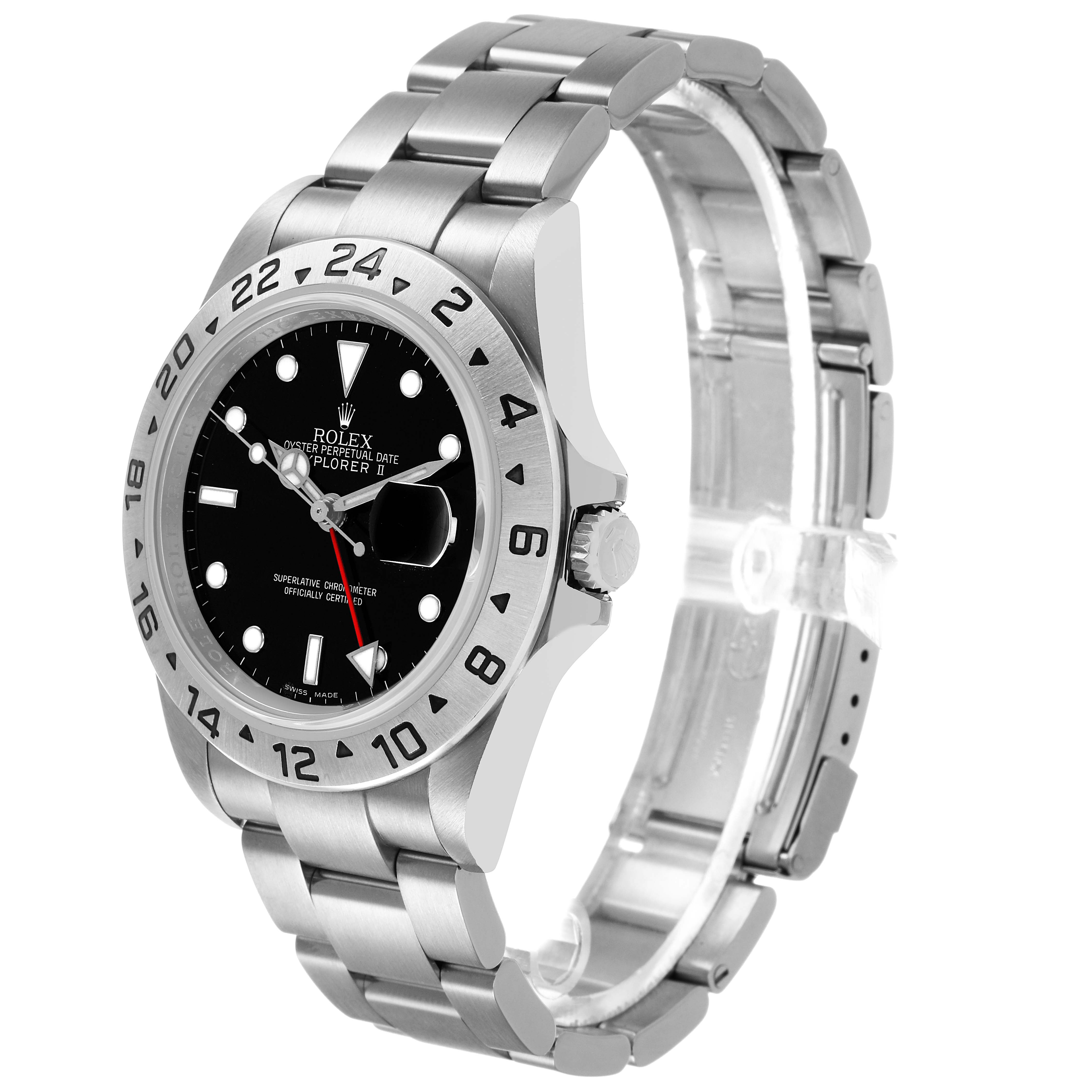 The Rolex Explorer 16570 T Men's Stainless Steel Black Dial watch is shown at a slightly tilted angle, highlighting the bezel, dial, and bracelet.