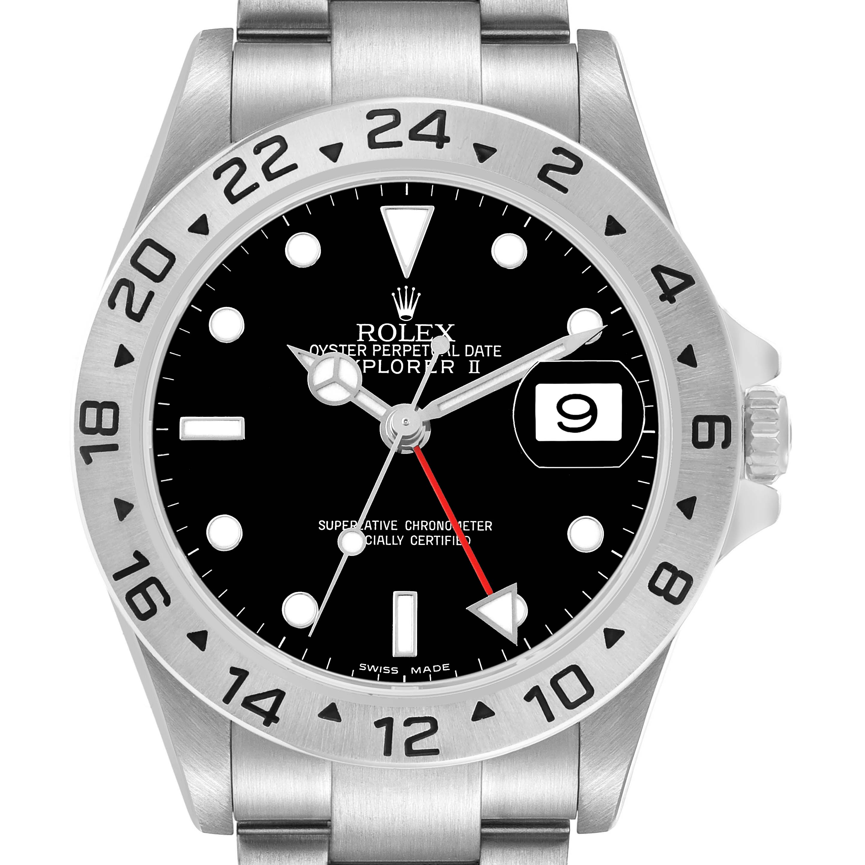 The Rolex Explorer 16570 T Men's Stainless Steel Black Dial watch is shown from the front, highlighting the face, bezel, and partial bracelet.