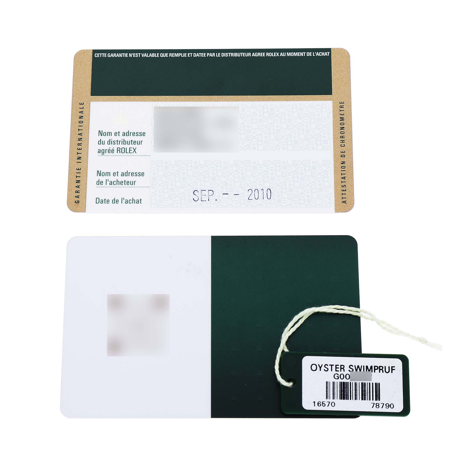 The image shows a Rolex Explorer 16570 T Men's Stainless Steel Black Dial warranty card and tag, featuring purchase details and an "Oyster Swimpruf" label.