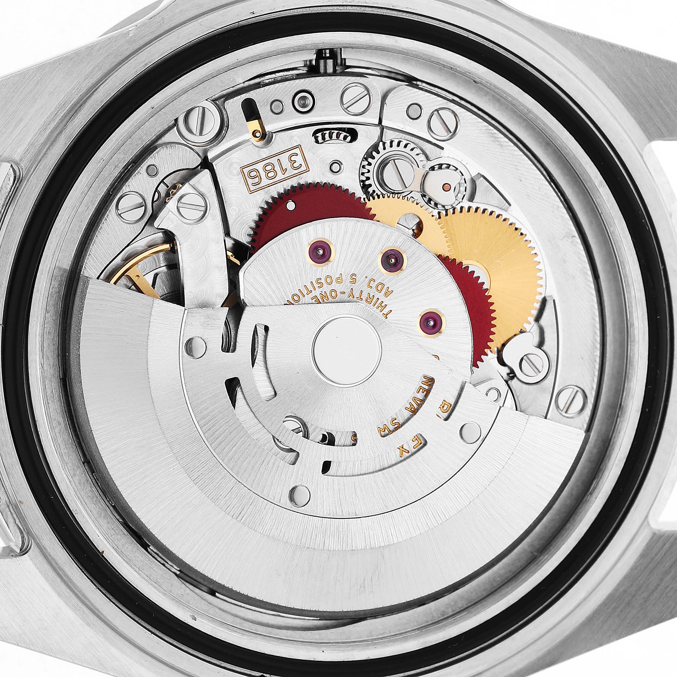 The image shows the internal mechanism of a Rolex Explorer 16570 T Men's Stainless Steel Black Dial watch, highlighting the gears and movement in a close-up view.